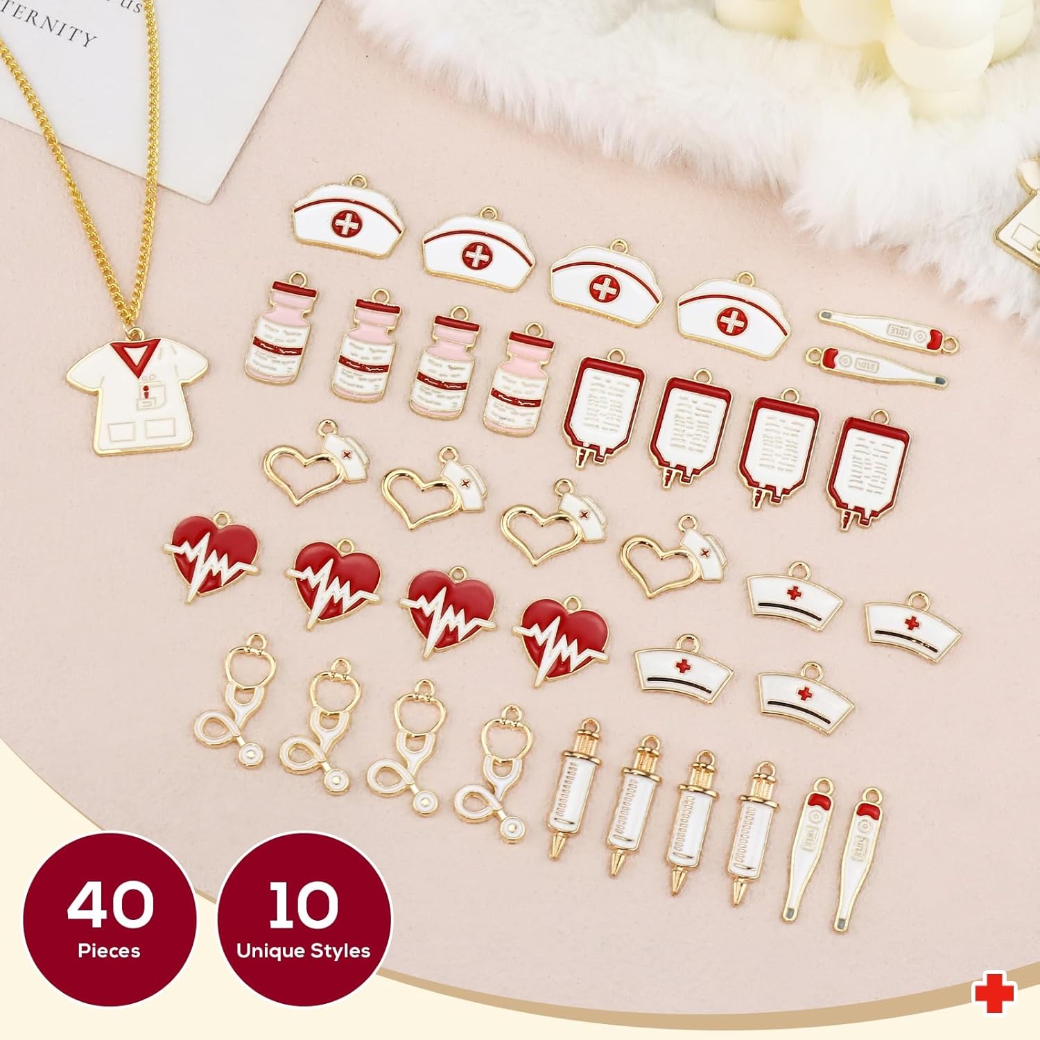 40Pcs Enamel Medical Charms Set, 10 Style Red Doctors Nurses Themed Alloy Pendants Professional Gift Accessories DIY Necklace Bracelet Craft Art Accessories - Image 3