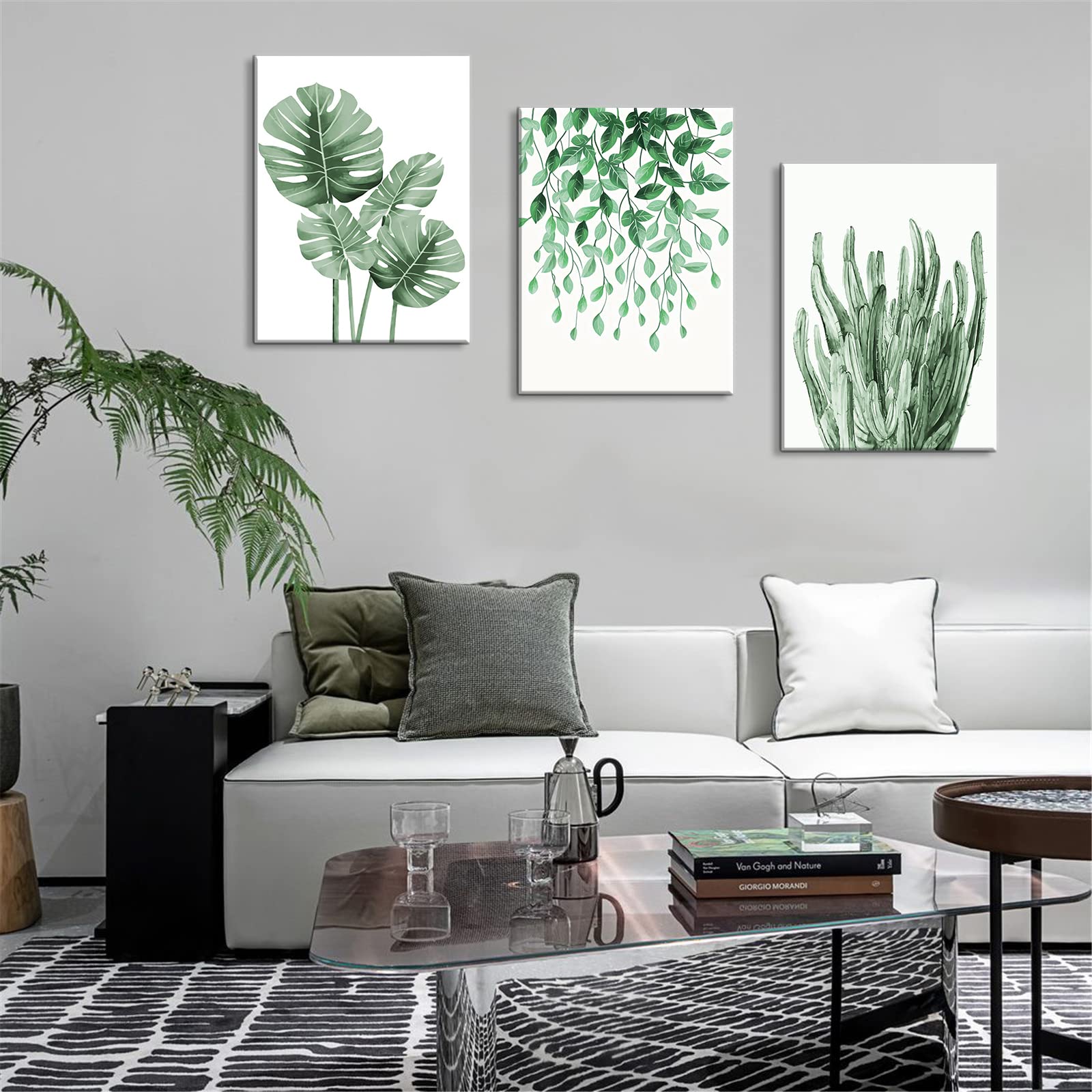 Enartly Quadro Su Tela 3 Pezzi - Stampe Botaniche Verdi Con Foglie Tropicali, 30x40cm Ciascuno, Decorazione Parete Per Soggiorno E Camera - 4