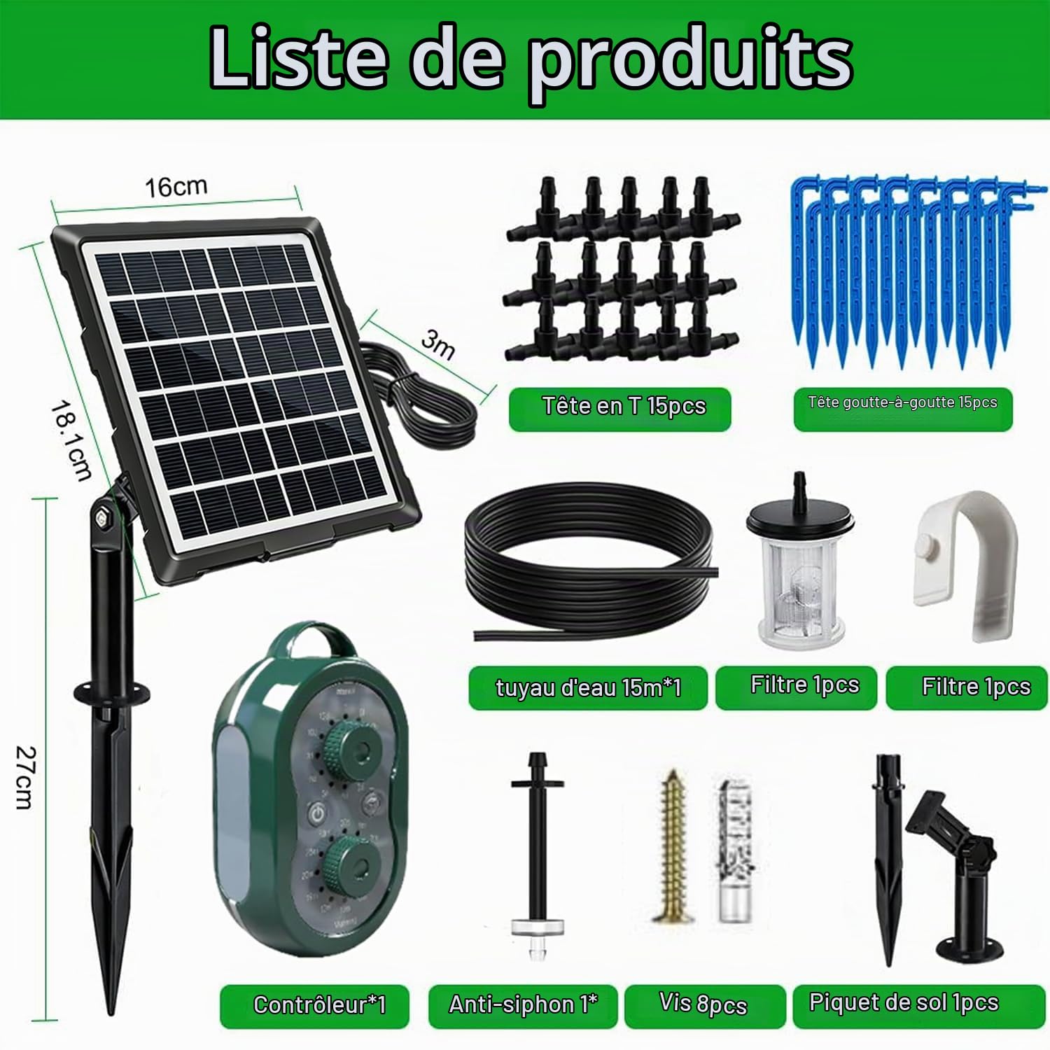 Système d'irrigation solaire goutte à goutte automatique pour 15 plantes en pot, 132 programmes d'arrosage, tuyau de 15 m, idéal pour balcon, jardin, potager et serre