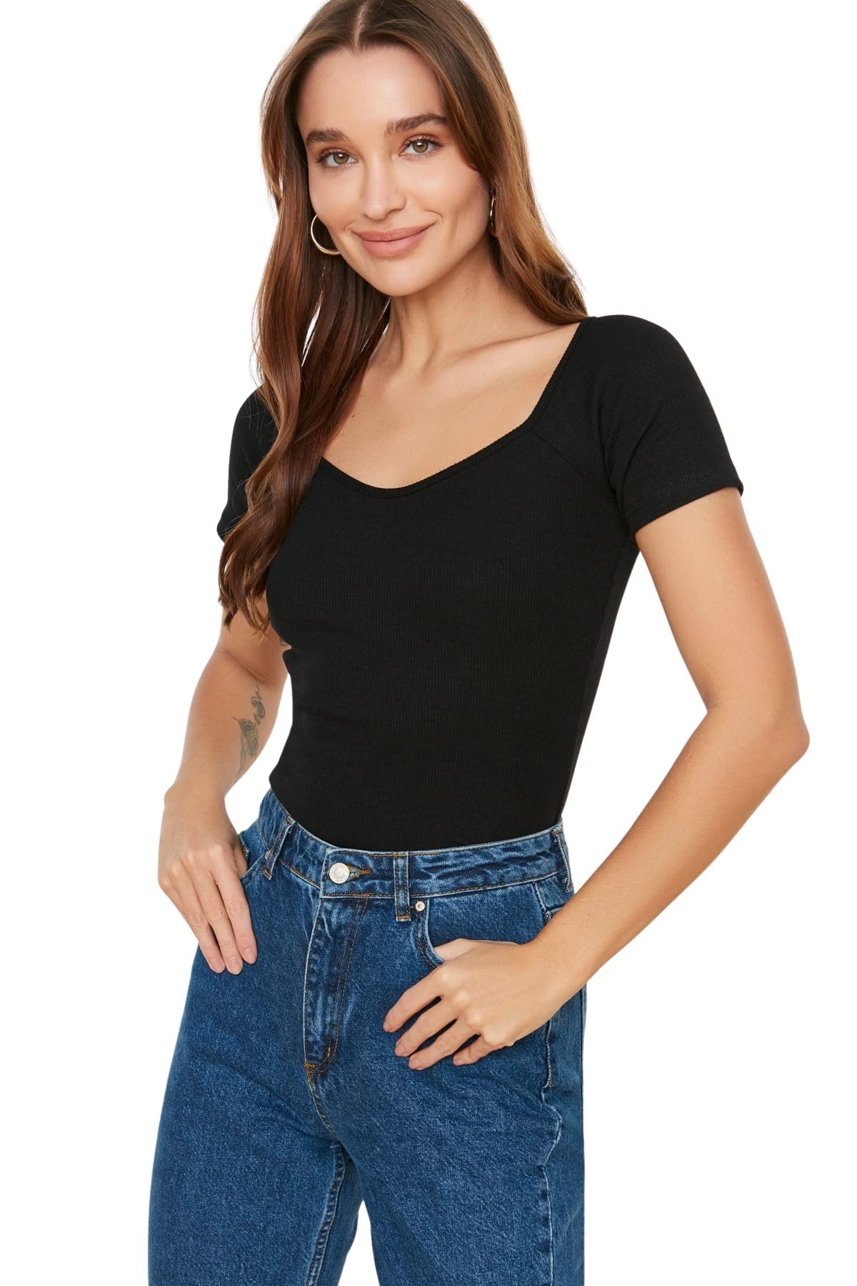TRENDYOL Damen Trendyol Woman Fitted Bodycon Scoop Neck Knit Blouse Hemd U-Ausschnitt Schwarze Standardbluse, Schwarz, L