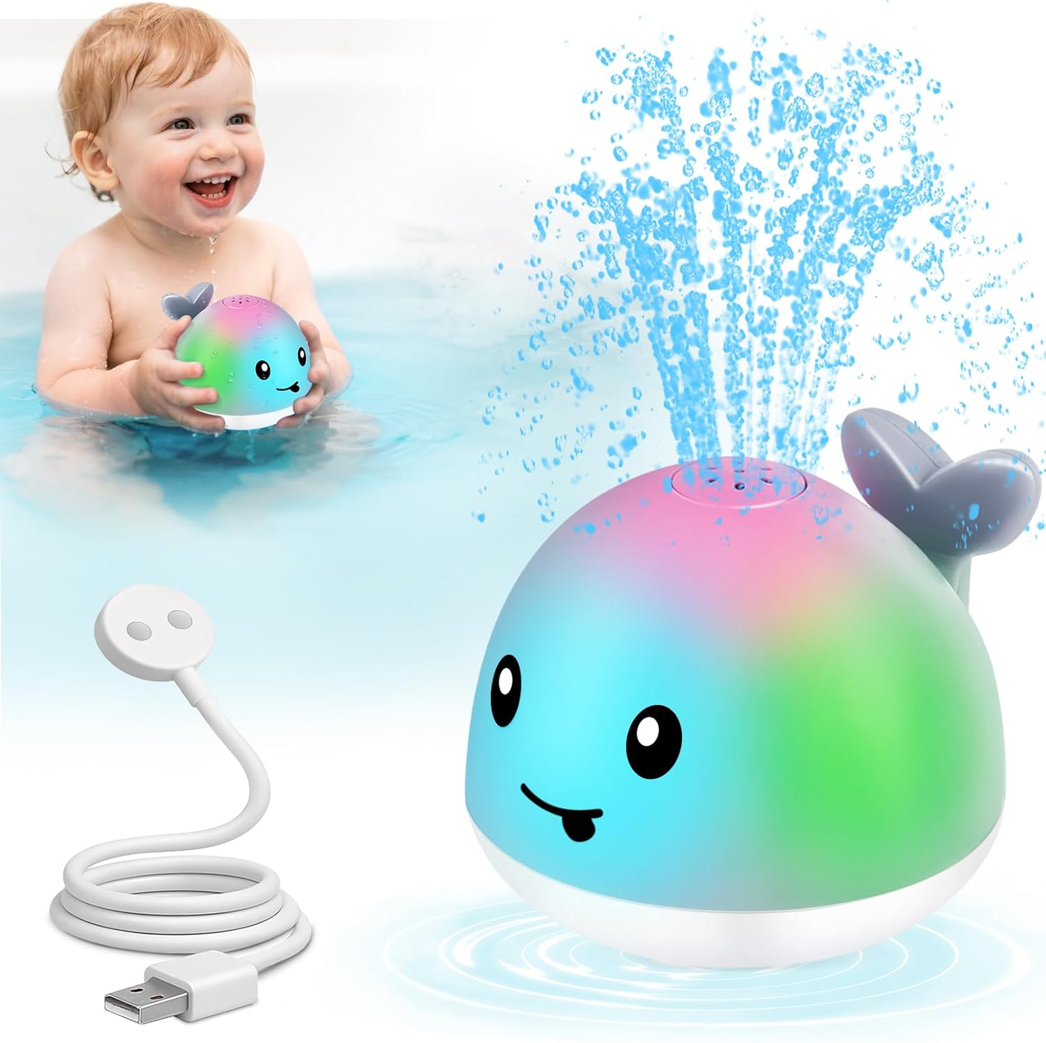 Gigilli Baby Bath Toys, Magnetic Rechargeable Bath Toys for Kids Ages 1-3, Toddler Bathtub Pool Water Table Toys Sprinkler, 1 Year Old Boy Girl Gifts, Light Up Whale Bath Toy for Babies 6-12-18 Months