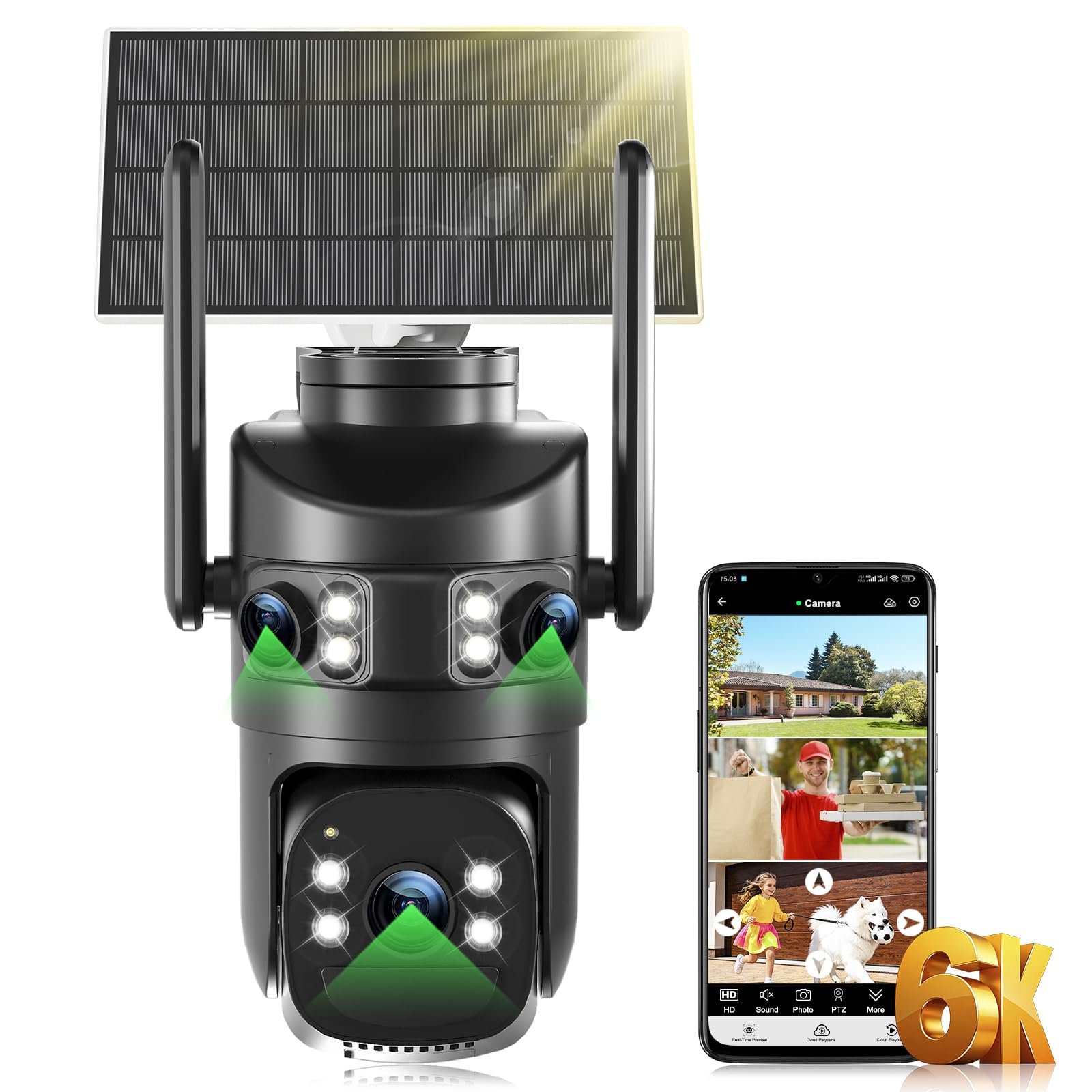 6K Camera Surveillance WiFi Exterieure sans Fil,à triple objectif/Camera Solaire/Batterie 10000mAh,360° PTZ Suivi Automatique,Vision Vocturne,Audio Bidirectionnel,AI Sirène,2.4/5G WIFI,10XZoom Hybride