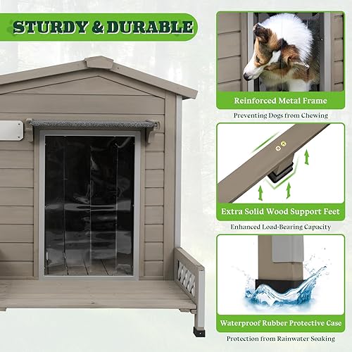 Miniatura 4 de Casa para Perros de Exterior Resistente a la Intemperie y Perrera para Perros de Interior de Madera con Marco de Hierro a Prueba de Mordidas, Piso