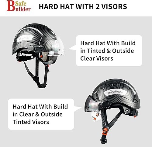 Miniatura 2 de SAFEBUILDER CR06X+2V Casco de seguridad de construcción con visera incorporada, casco duro ABS con visera, patrón de fibra de carbono ventilado,