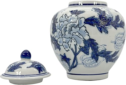Miniatura 3 de Galt International Tarro de jengibre chinoiserie floral azul y blanco de 10 pulgadas con tapa, tarro de jengibre, almacenamiento de té, decorativo,