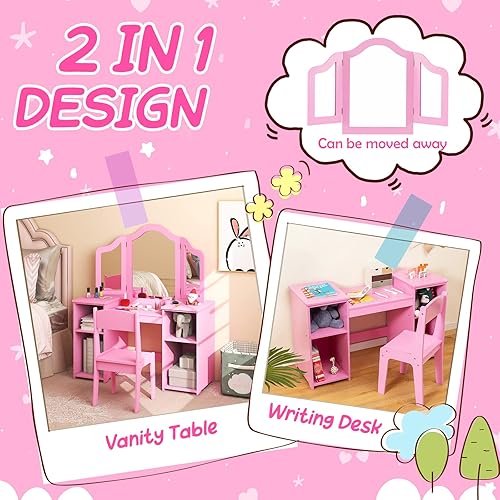 Miniatura 2 de Costzon Vanity - Tocador de maquillaje de princesa 2 en 1 con parte superior desmontable, tocador para niños pequeños con espejo triple y estantes