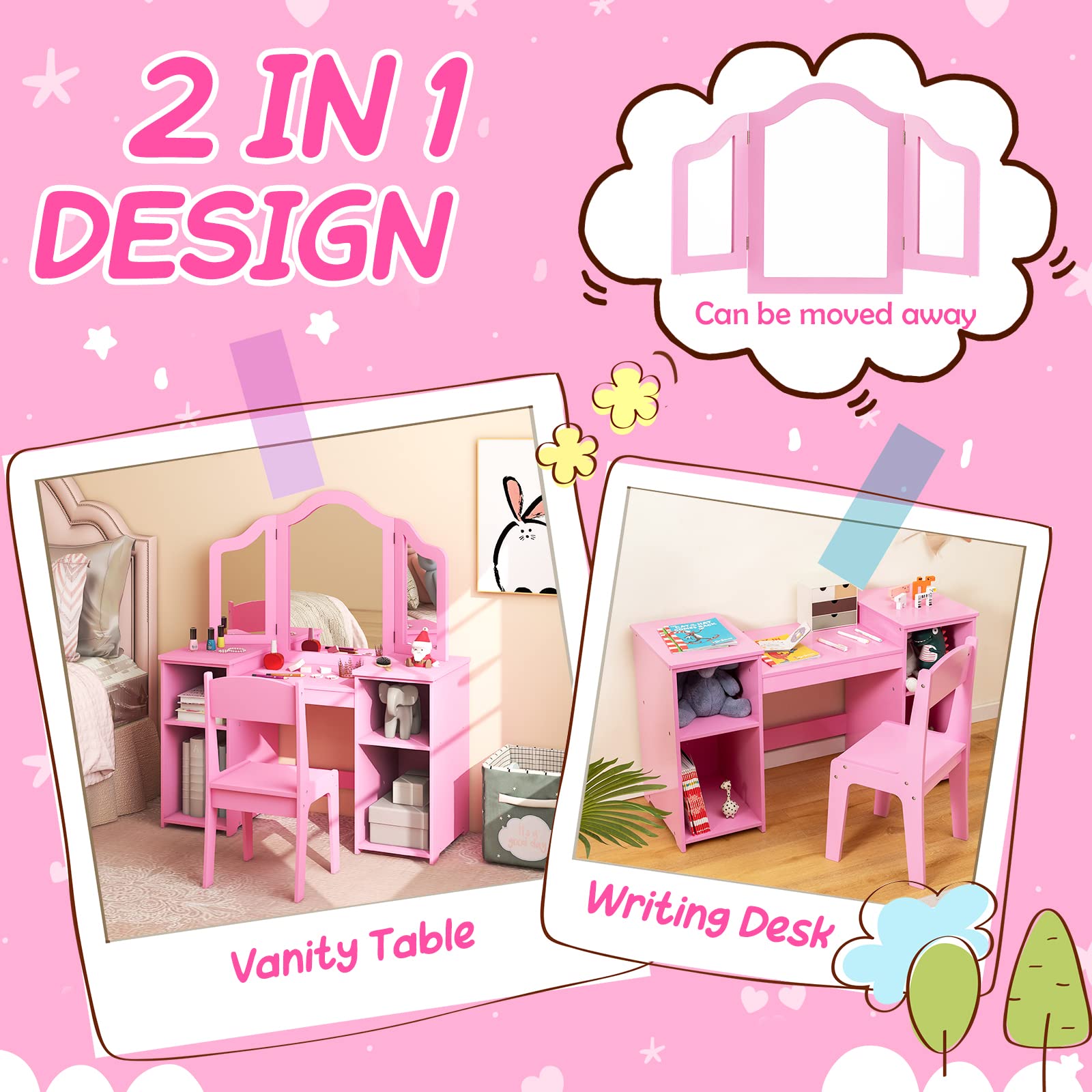 KOTEK Kids Vanity Table and Chair, 2 in 1 Wooden Princess Dressing Desk with Detachable Tri-Folding Mirror & Storage Shelves, Girls Pretend Play Beauty Makeup Vanity for Bedroom (Pink)