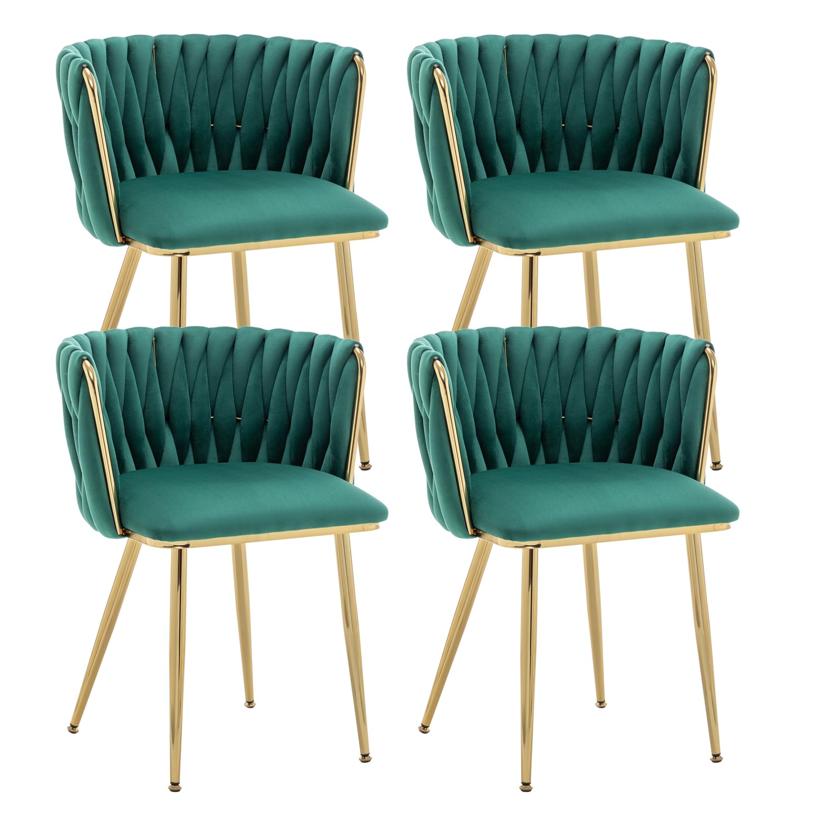 Kiztir Green Velvet Dining Chairs Set of 4 Upholstered Modern Dining Room Chairs with Woven Back and Gold Metal Legs for Living Room, Bedroom, Kitchen