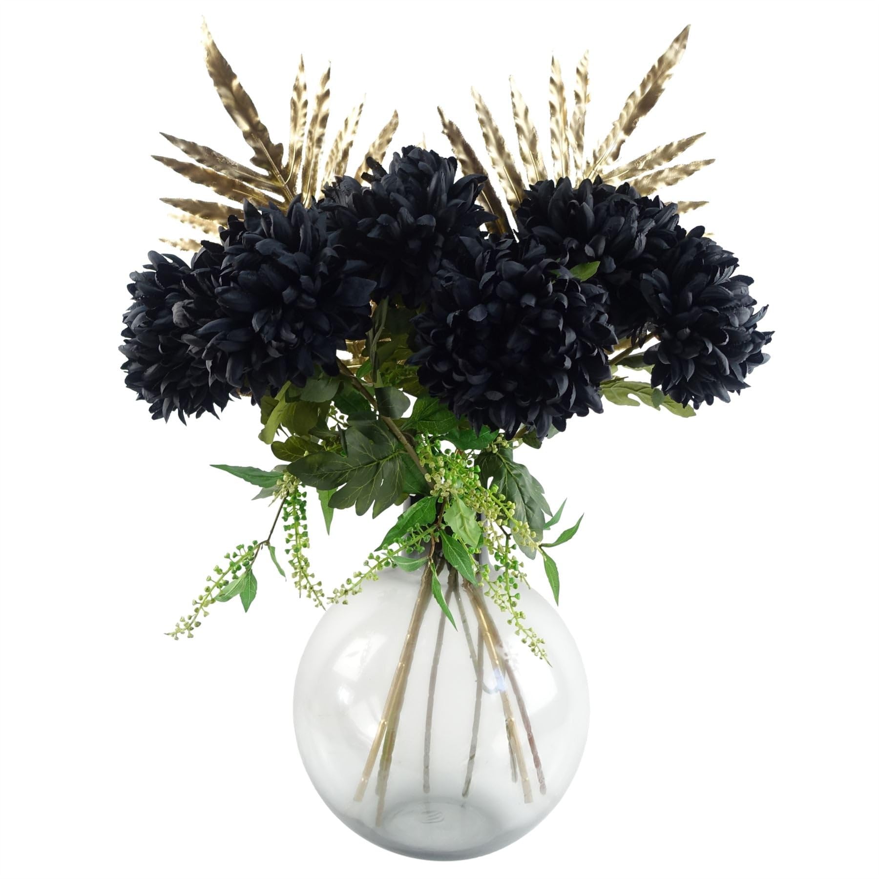 Leaf 95cm Black Chrysanthemum Bundle with Glass Ball Vase - Artificial Flower Arrangement