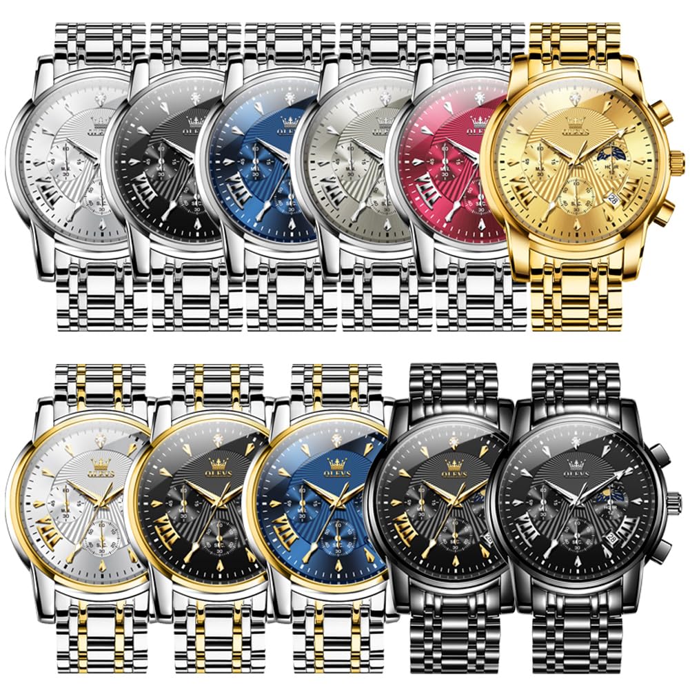OLEVS Watches for Men Luxury Analog Quartz Big Face Stainless Steel Multifunctional Waterproof Date Two Tone Fashion Dress Wrist Watches for Man