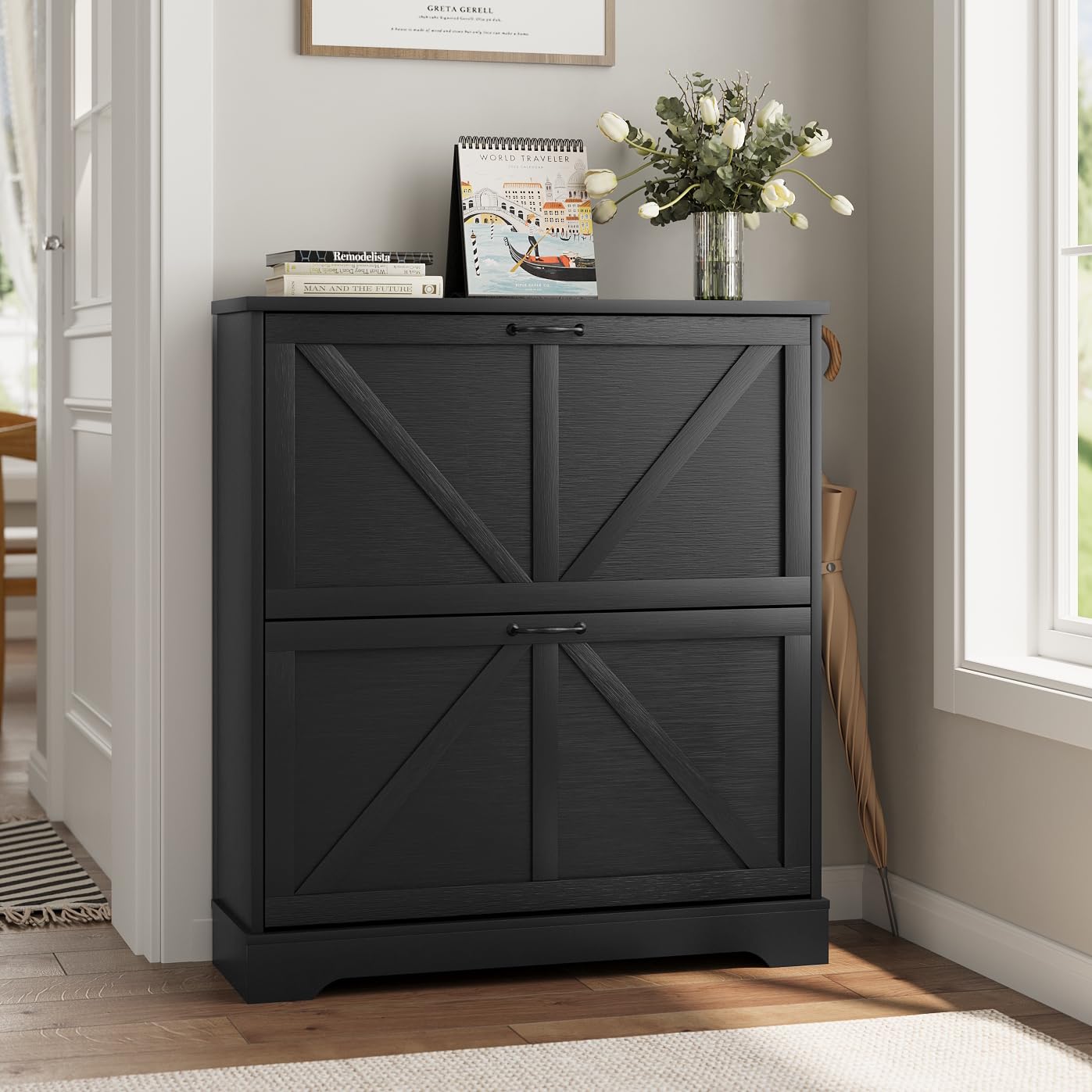 Shoe Cabinet, Shoe Storage Cabinet for Entryway with 2 Flip Drawers, Narrow Farmhouse Shoe Organizer Cabinet, Slim Shoe Rack Cabinet, 31.5in Black