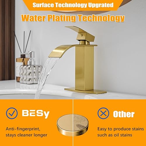 Miniatura 3 de BESy Grifos de baño de cascada de oro cepillado, grifo de lavabo de baño de una sola manija, grifo de tocador de 1 agujero Rv placa de cubierta de 3