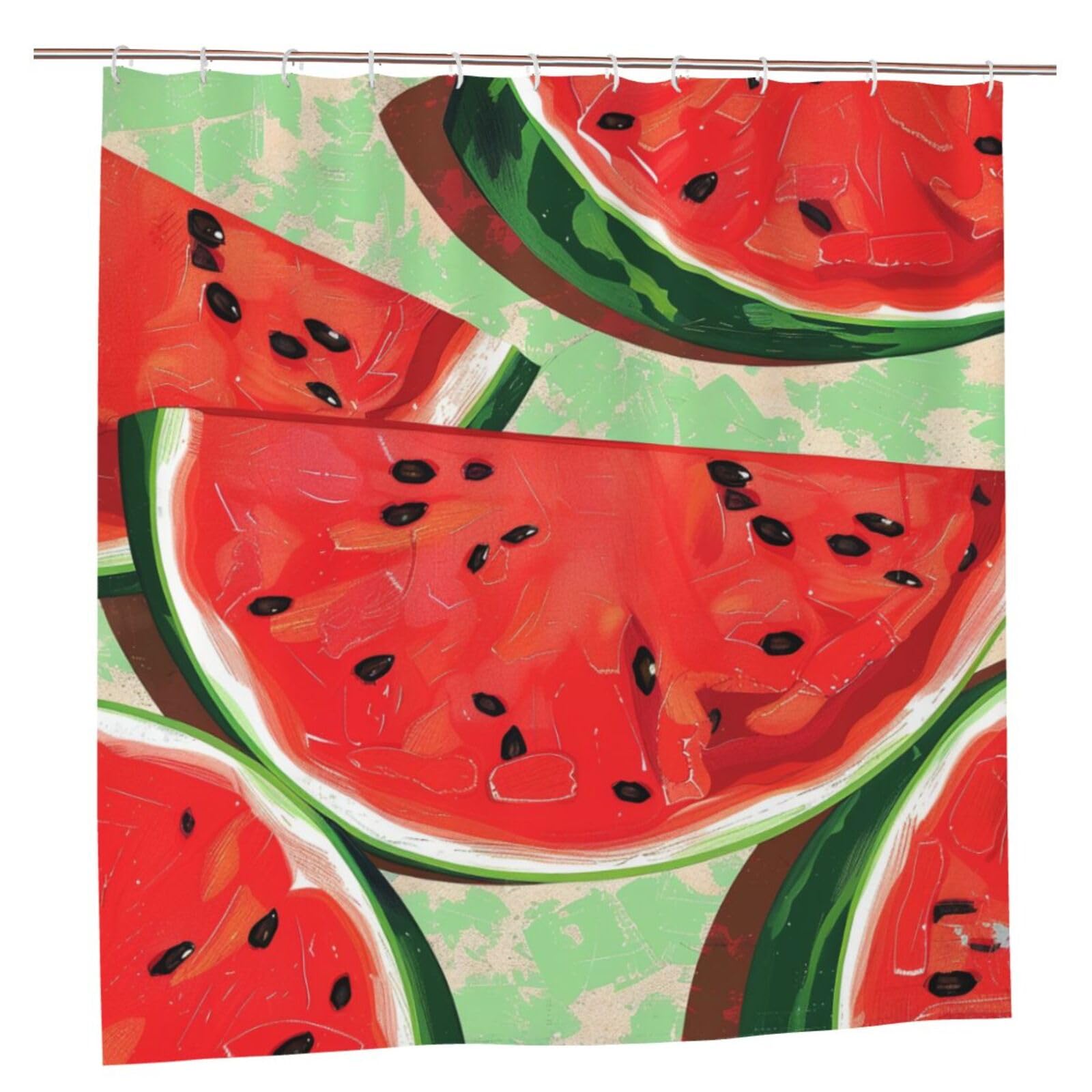 BWWHCCTI Red Watermelon Printed Shower Curtain With 12 Plastic Hooks Opaque Quick Drying Waterproof Shower Curtains Sets For Bathroom 183x183 CM