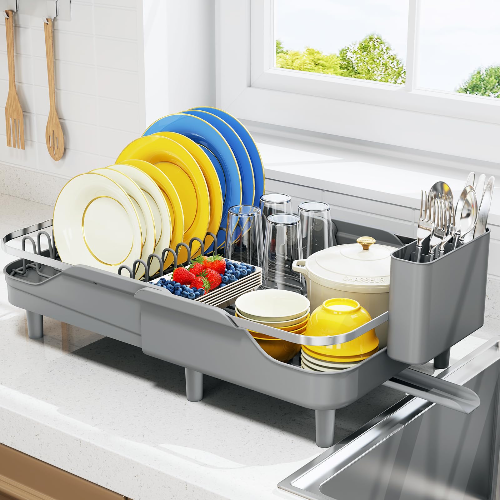 Urackify Expandable Dish Drying Rack for Kitchen Counter,16.2-23.7in,Grey