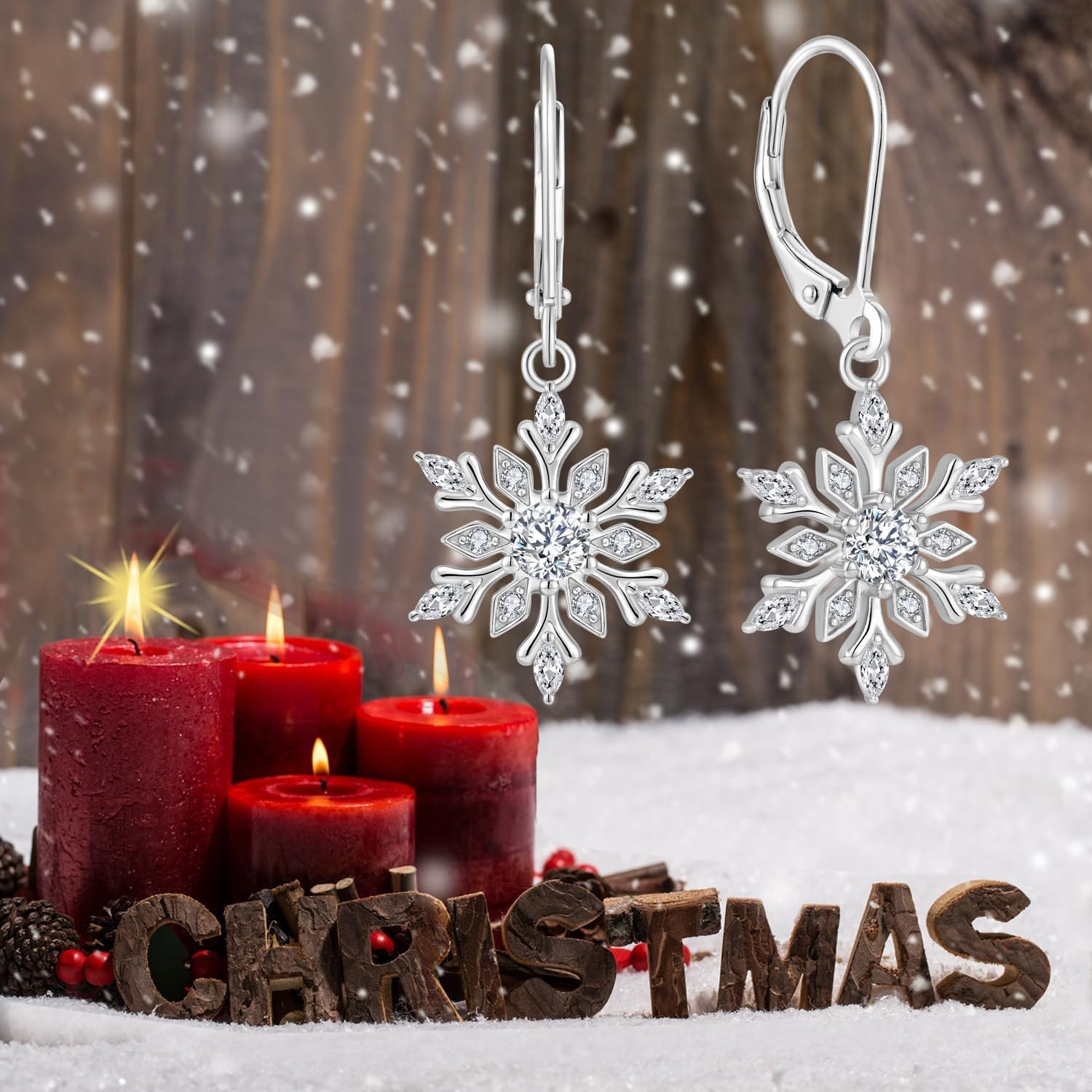 The snowflake necklace shown on a model.