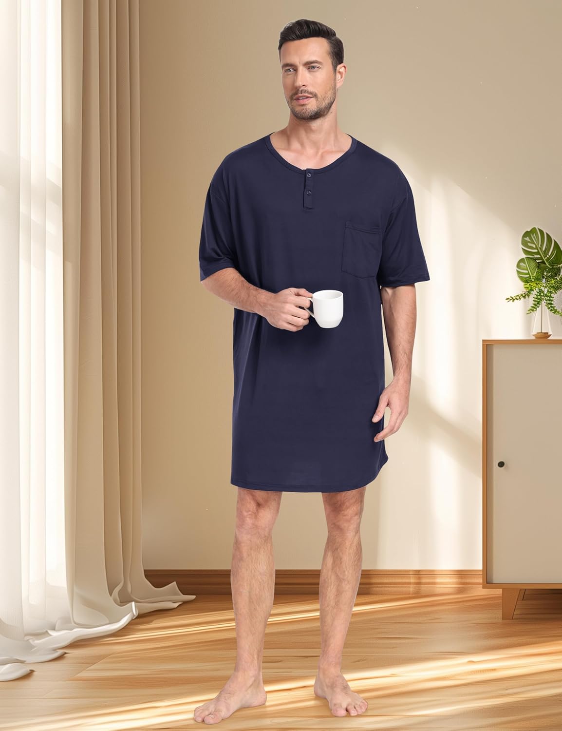 MoFiz Men's Nightshirt Soft Pajamas V Neck Short Sleeve Nightgown Loose Sleepwear Nightwear Comfy Sleep Shirt S-3XL - Image 6