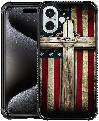 for iPhone 16 Plus Case 6.7-inch with Cross American Flag Four Corner Airbag Protection Design Soft Silicone Frame Personalized Pattern Case Compatible with iPhone 16 Plus for Men