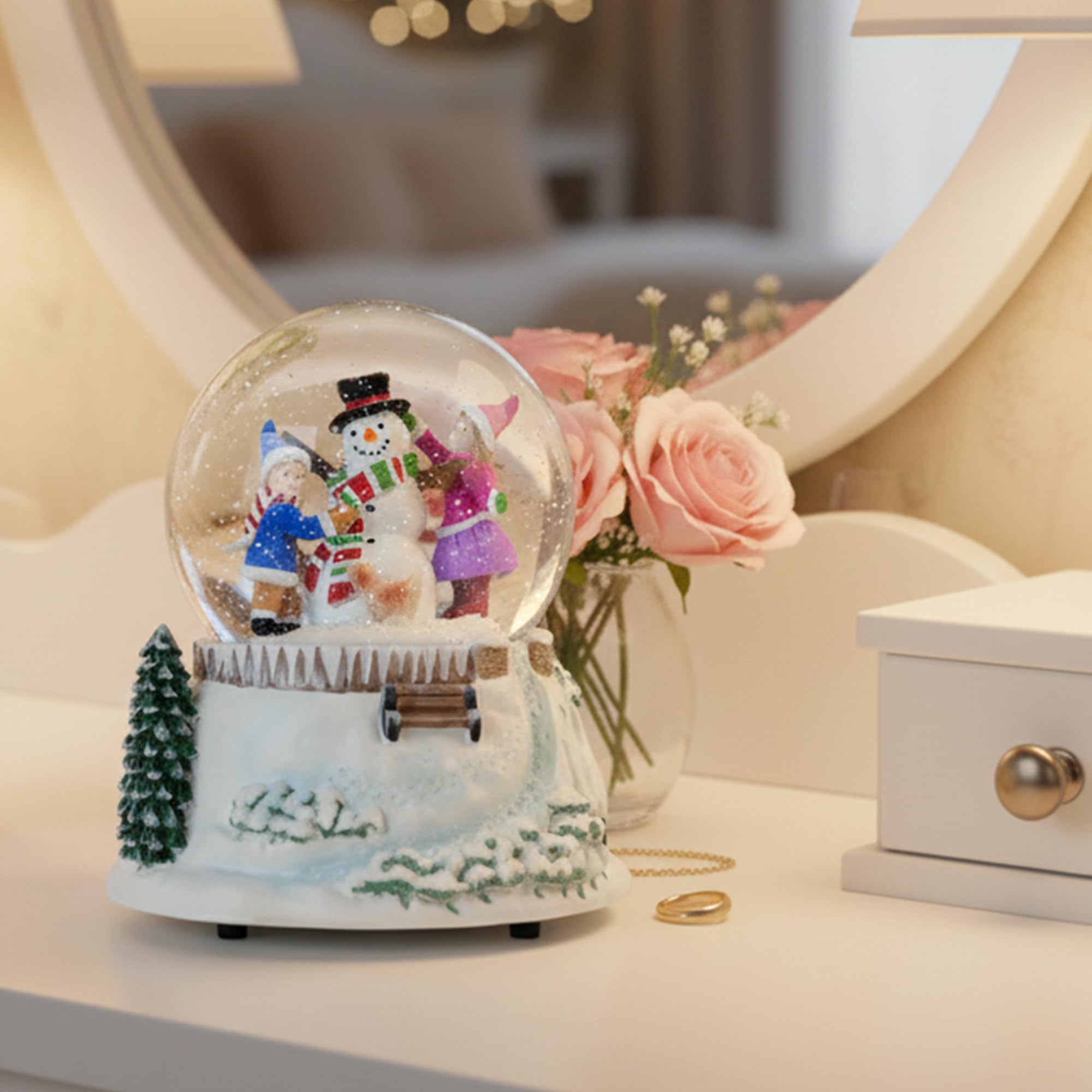 Boule à neige de Noël bonhomme de neige et amis avec lumières LED et chute de neige, boule à neige musicale pour les vacances, Père Noël vient en ville, décoration d'intérieur d'hiver, mélodie d'hiver