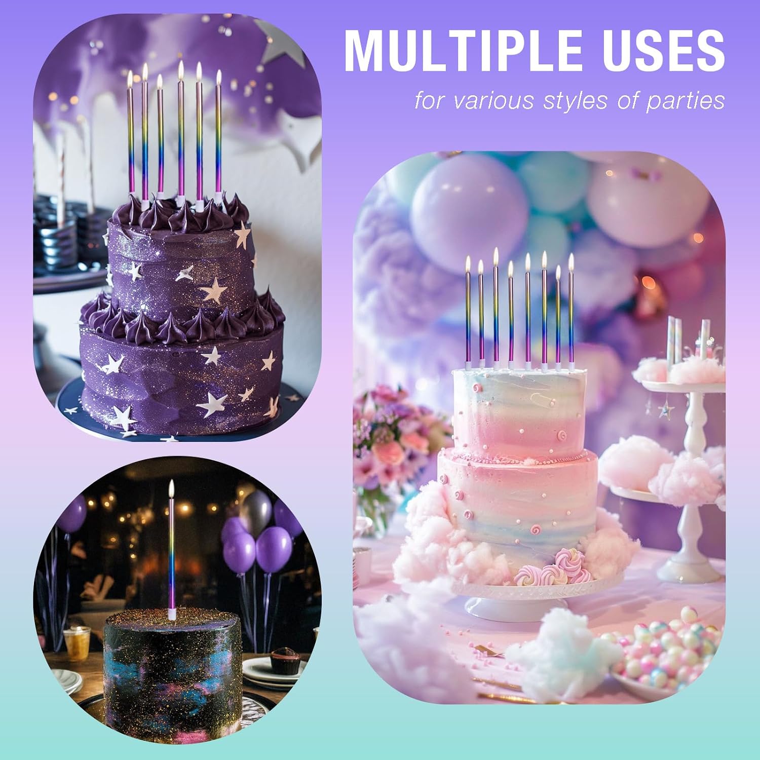 5.5" Long Metallic Rainbow Birthday Candles for Cake, 24-Pack