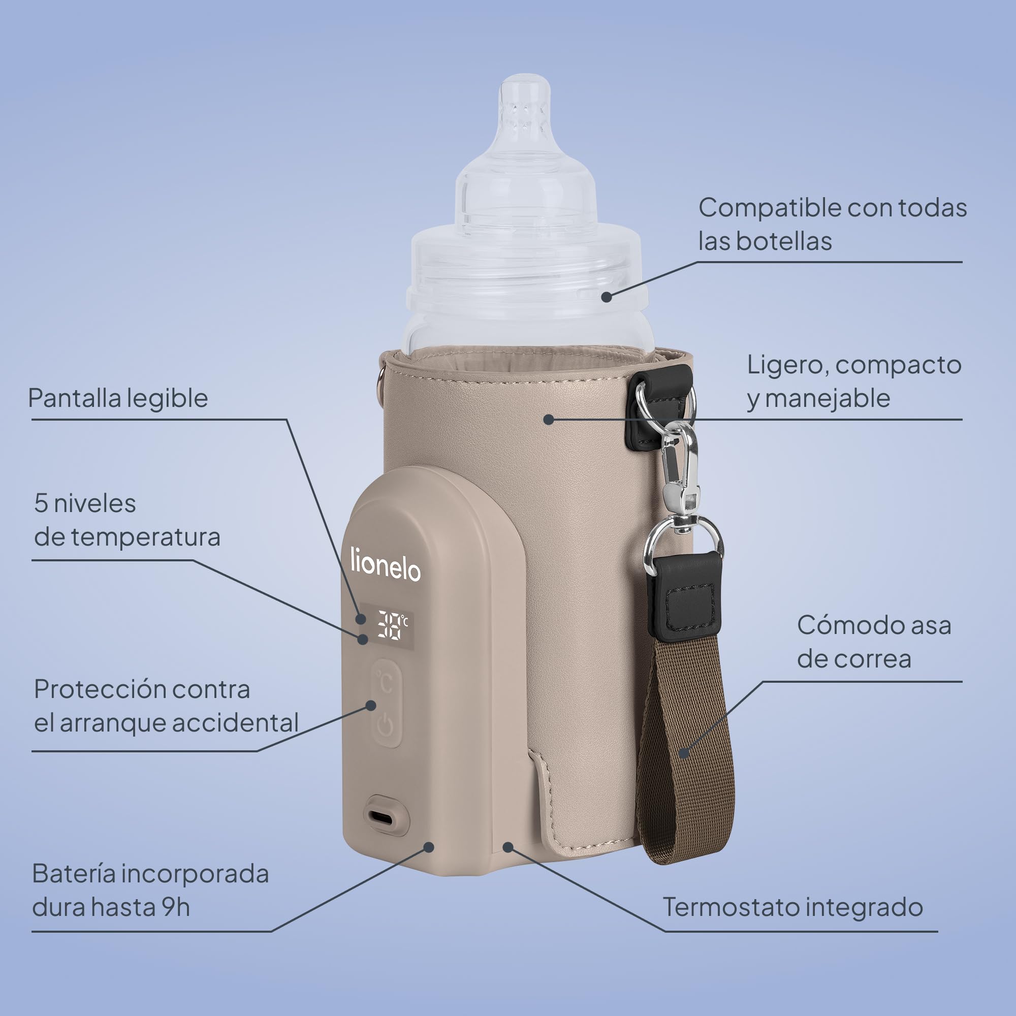 LIONELO Thermup Go Evo Calientabiberones Portátil Para Bebé, Mantiene los Líquidos Calientes, 5 Temperaturas de Funcionamiento de 38 a 50 oC, hasta 9 horas de Funcionamiento Pantalla LCD (Beige topo) | Mantiene calientes los líquidos, 5 temperaturas de 38