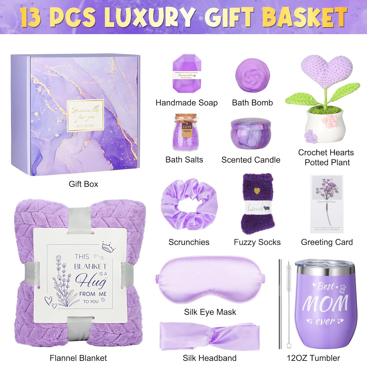 Gifts for Mom, Mom Birthday Gifts from Daughter Son, Lavender Relaxing Spa Care Package Gift Basket with Flannel Blanket, Thoughtful Christmas Gifts Valentines Day Gifts Mothers Day Gifts - Image 2