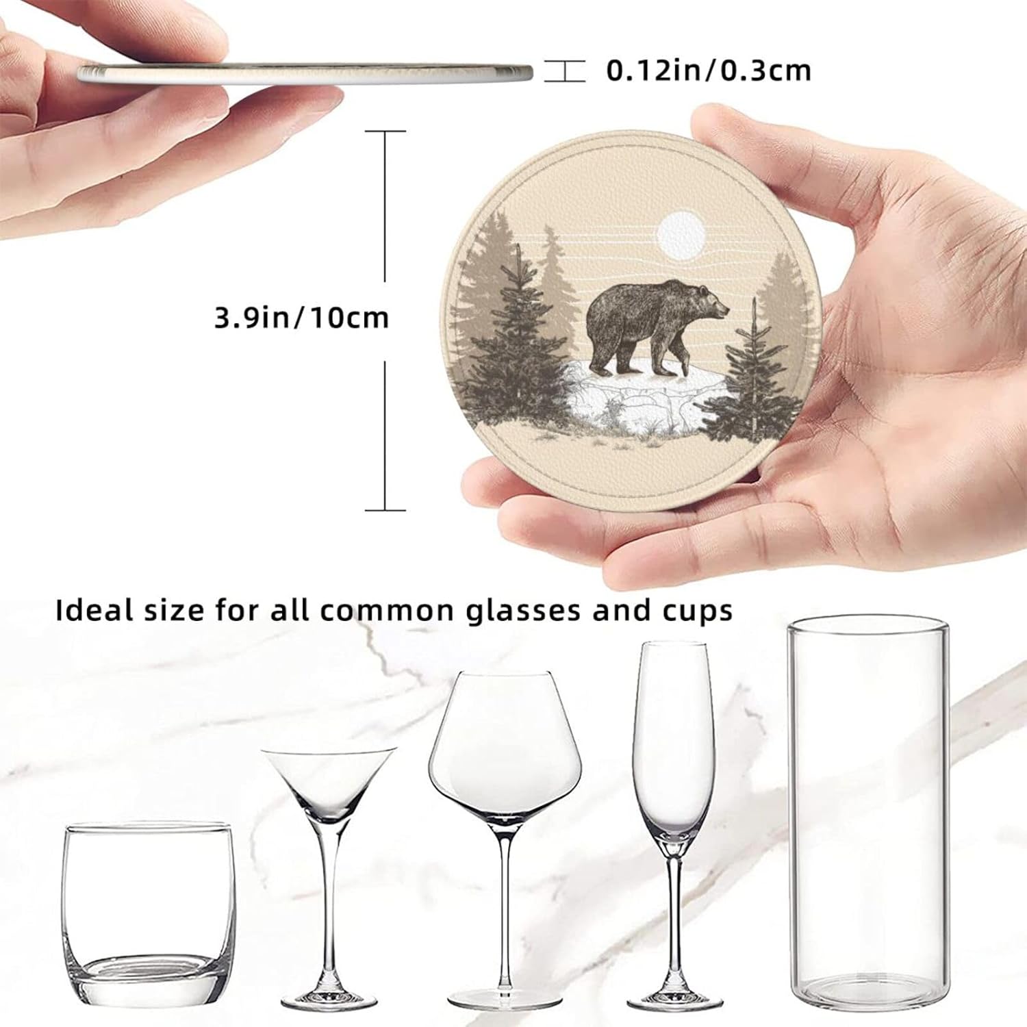 Famame 6 Pcs Vintage Bear in Stone Leather Coasters for Drinks with Holder Coaster Sets Drink Table Cup Coasters for Living Room Kitchen Coffee Decor - Image 5
