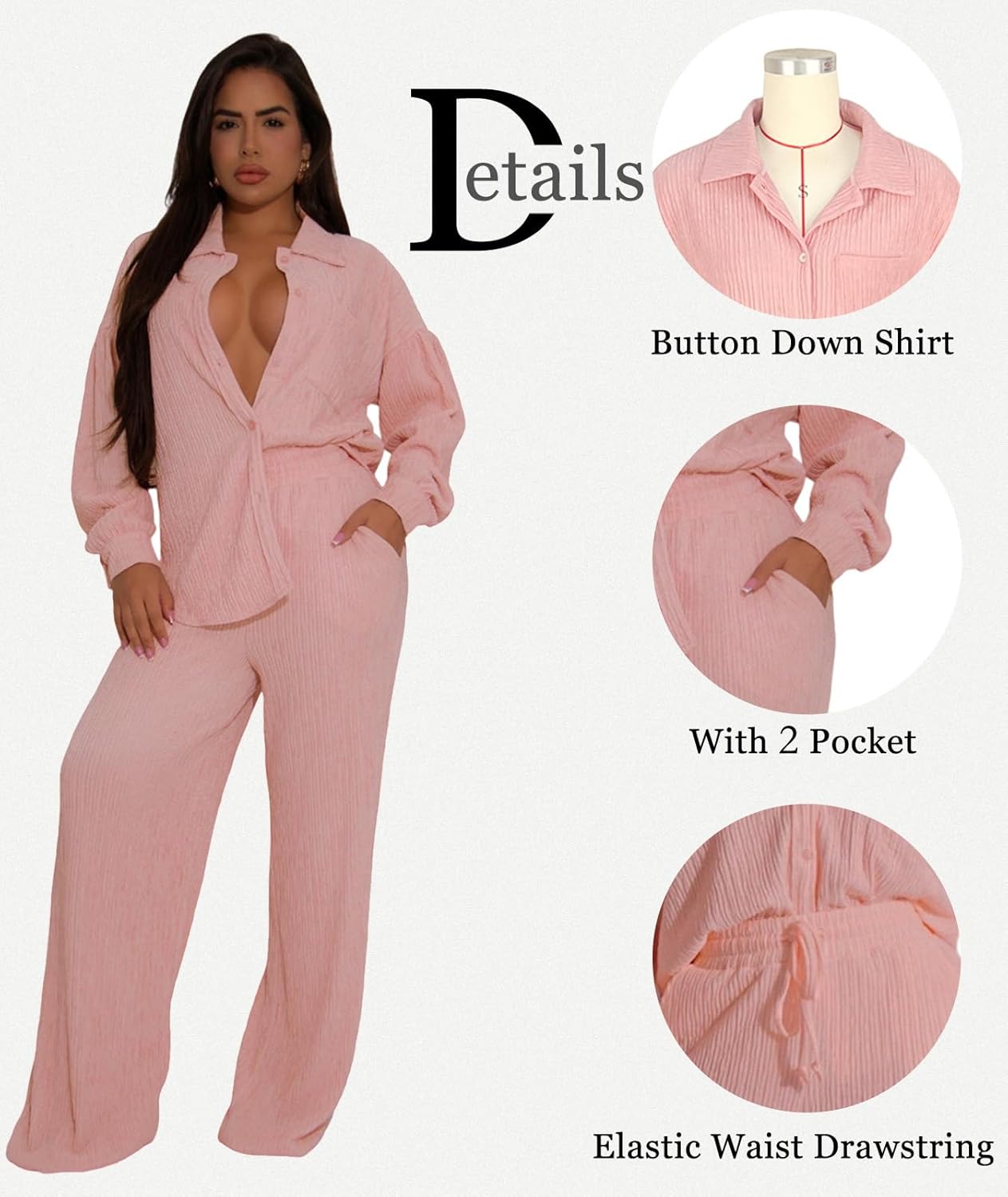 Ophestin Women 2 Piece Dressy Outfits Casual Pleated Long Sleeve Button Down Shirt Wide Leg Pants Loungewear Matching Sets - Image 4