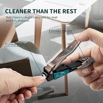 Nail Clippers with Catcher, No Splash Fingernail Toenail Clippers with Sharp Curved Blade and Glass Nail File, Wide Jaw Opening Stainless Steel Nail Cutter Trimmer for Seniors Adult Men Women