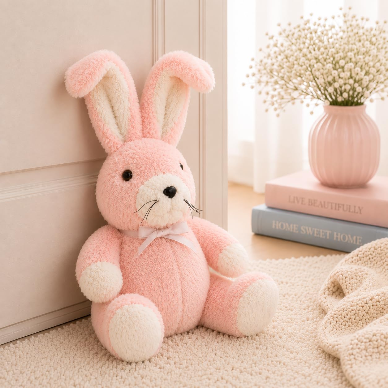 The Little Storage Company Pink Cute Pastel Or Blue Rabbit Door Stopper Decorative Door Stops For Home And Office, Rabbit Weighted Interior Doorstop Fabric Stuffed Animal Door Stopper Decor (Pink)