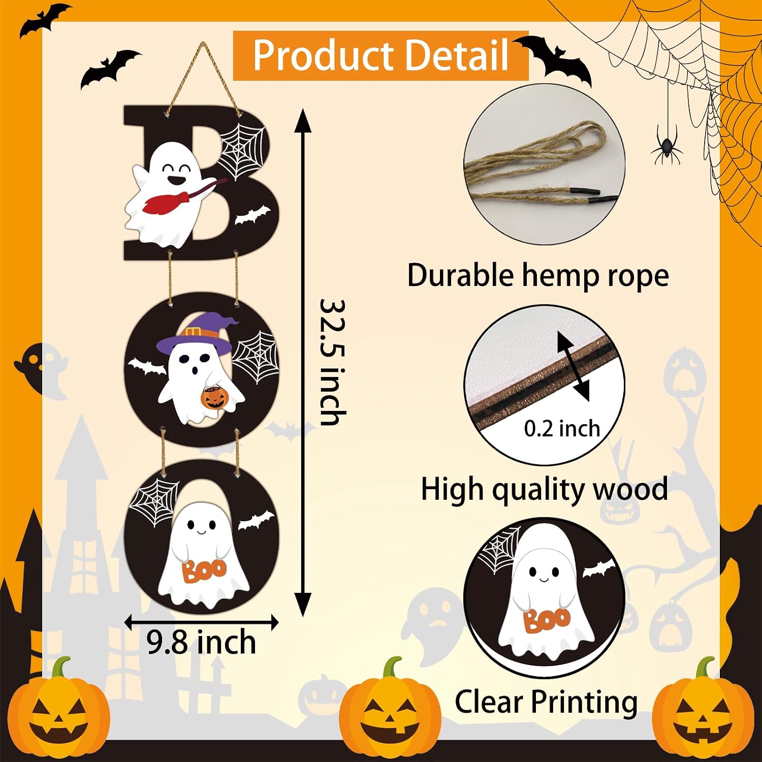 Halloween Door Decorations Halloween Wreath Cute Ghost Decor Boo Sign Bat Spider Web Wooden Front Door Hanger Ghost Hanging Sign Wreath for Wall Indoor Home Decor