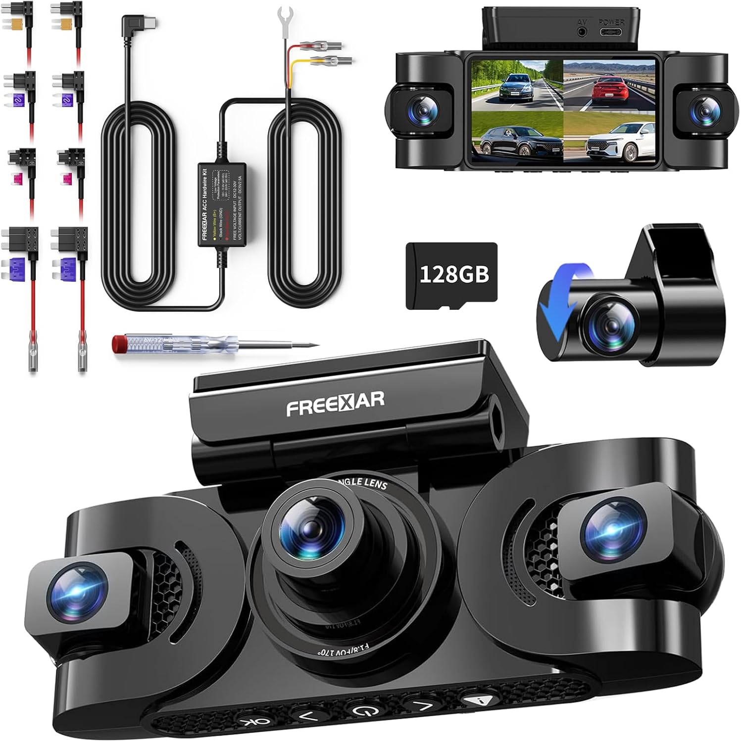 4K 4-Channel Dash Cam with 24H Parking Mode, 360° All-Sides View, Front Rear Left Right Inside, 3" IPS Display, GPS, 5.8GHz WiFi, Night Vision, Voice Control, 128GB Card & Hardwire Kit