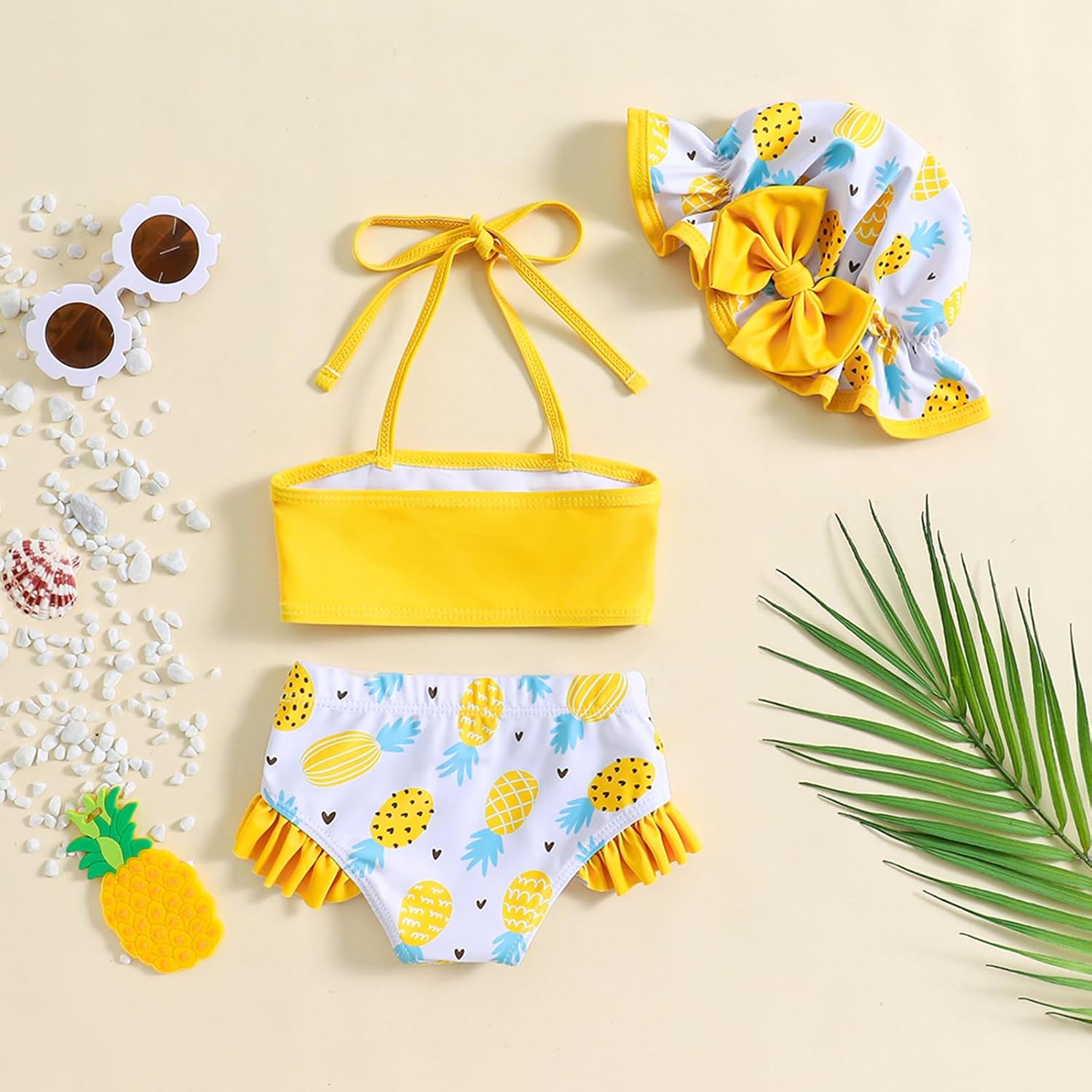 Baby Girls Swimsuit Infant Toddler Girl Bathing Suit Bikini Two Piece Swimwear with Hat Yellow Pineapple 0-6 Months image 3 of 9 B0D425R7FV
