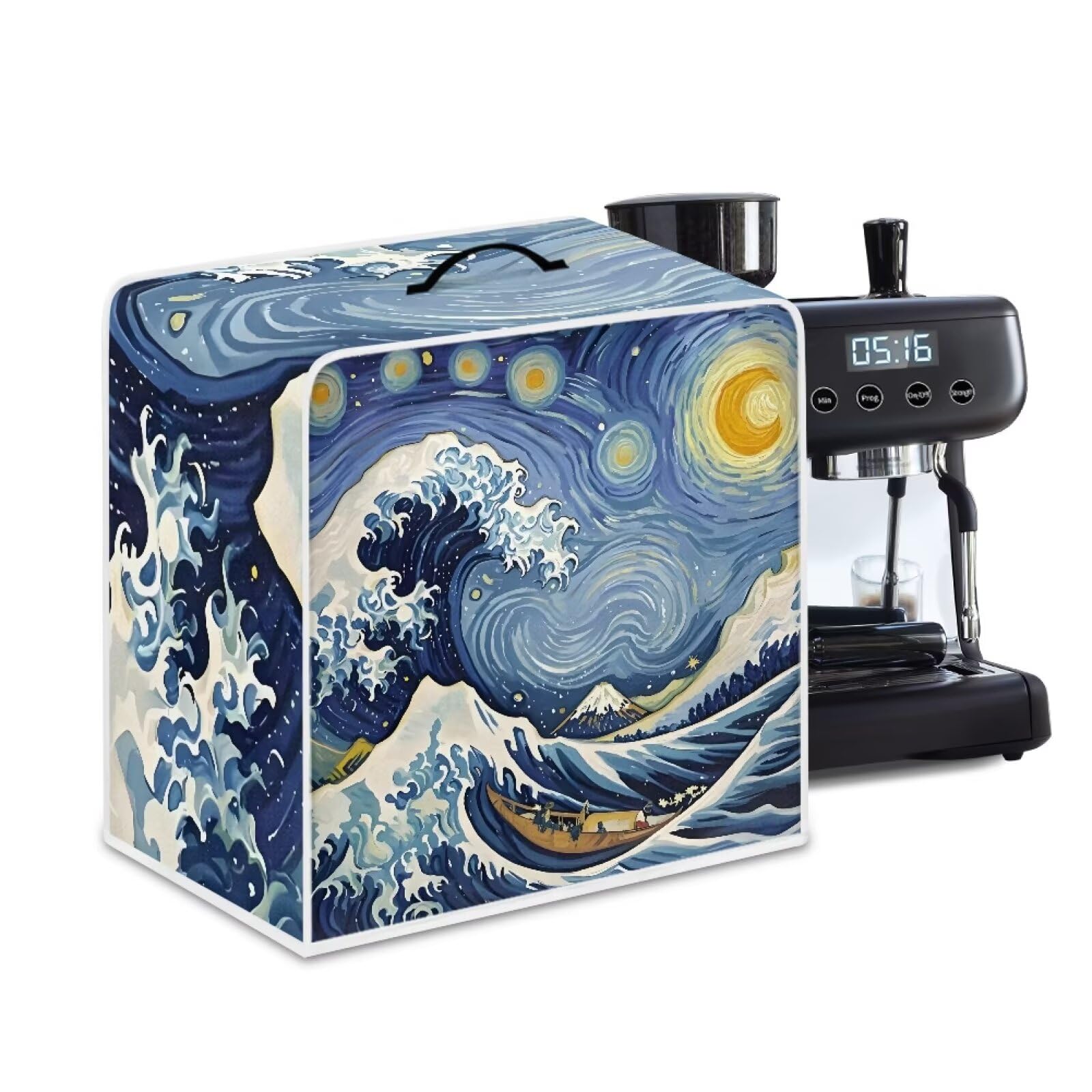 Starry Night Great Wave Print Coffee Maker Covers With Top Handle Folding Coffee Machine Dust Covers For Blender Mixer Juice Machine Keep Office Home Kitchen Clean