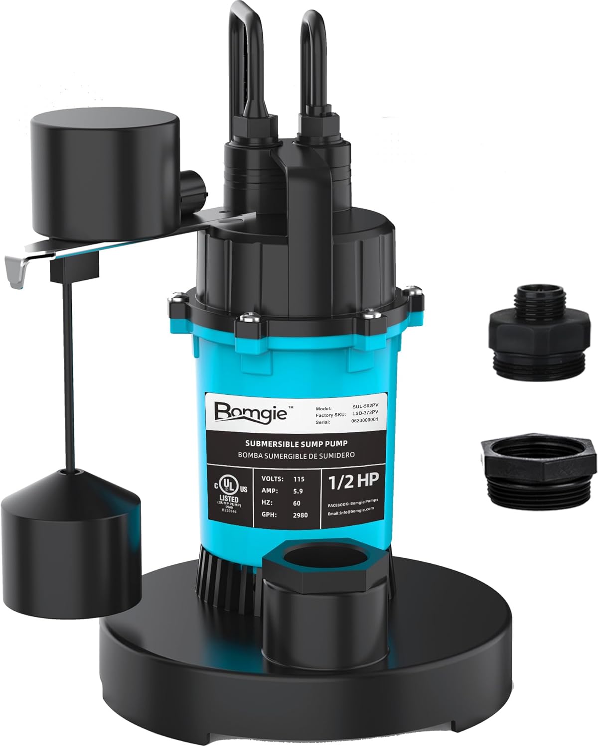 BOMGIE 1/2HP Sump Pump Submersible 2980GPH, Vertical Float Switch