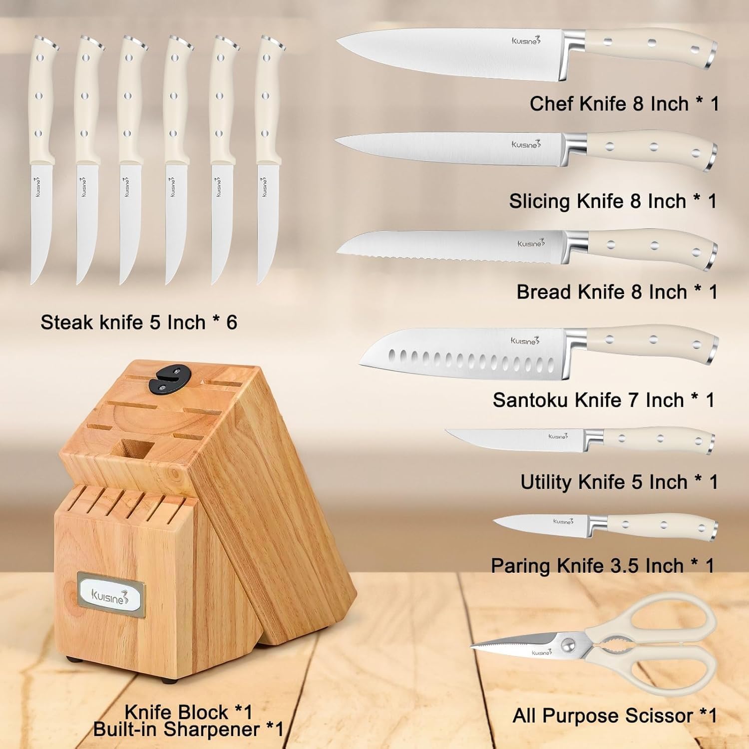 Kuisine Premium Chef Knife Set,High Carbon Stainless Steel Razor-Sharp Blade Ergonomic Handle,Knife Block Set with Built-in Sharpener,Elegant Gift for Holiday(Ivory Pro Acacia,15PCS)