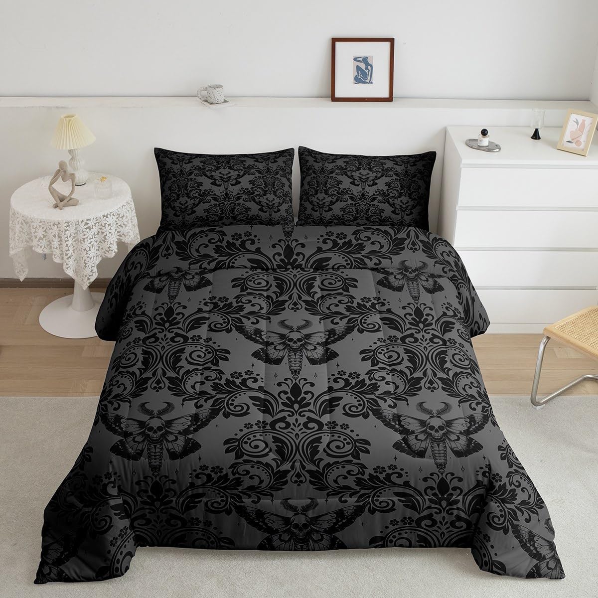 Feelyou 7 Pieces Gothic Comforter Set Queen Size & Black Vintage Damask Floral Sheet Set Queen Size