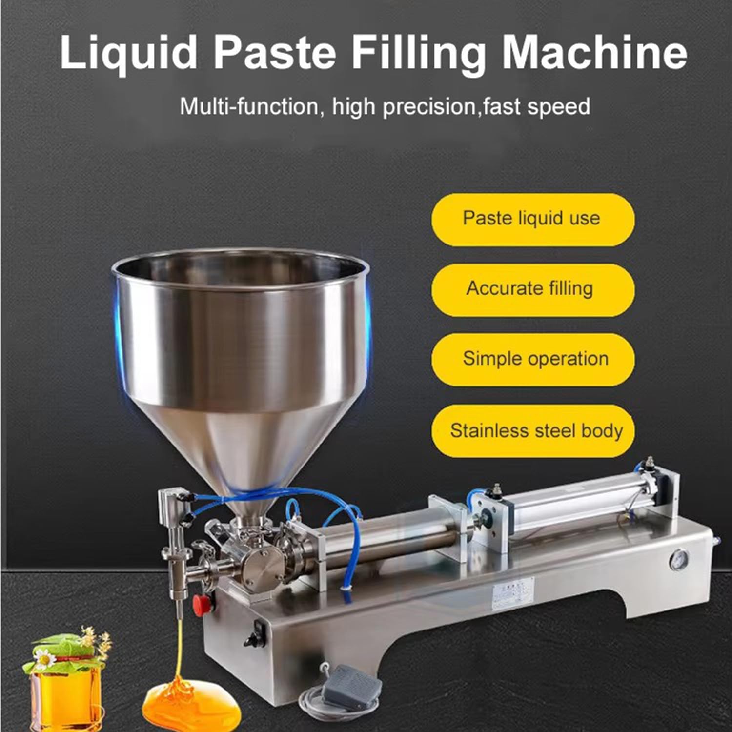 Riempitrice Pneumatica Orizzontale per Pasta Liquida, Macchina Riempitrice per Pasta da 50-500 ml/100-1000 ml con Tramoggia da 30 L per Crema, Shampoo, Miele, Dentifricio, Olio, Salsa,100-1000ml