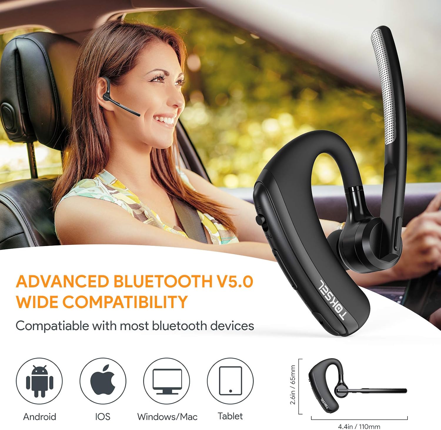 Bluetooth Headset,TOKSEL aptX HD Bluetooth Earpiece 24 Hrs Talktime with CVC8.0 Dual Mic Noise Cancelling Hands-Free Wireless Earphones for Business Driving Office Home Compatible with Cell Phones PC