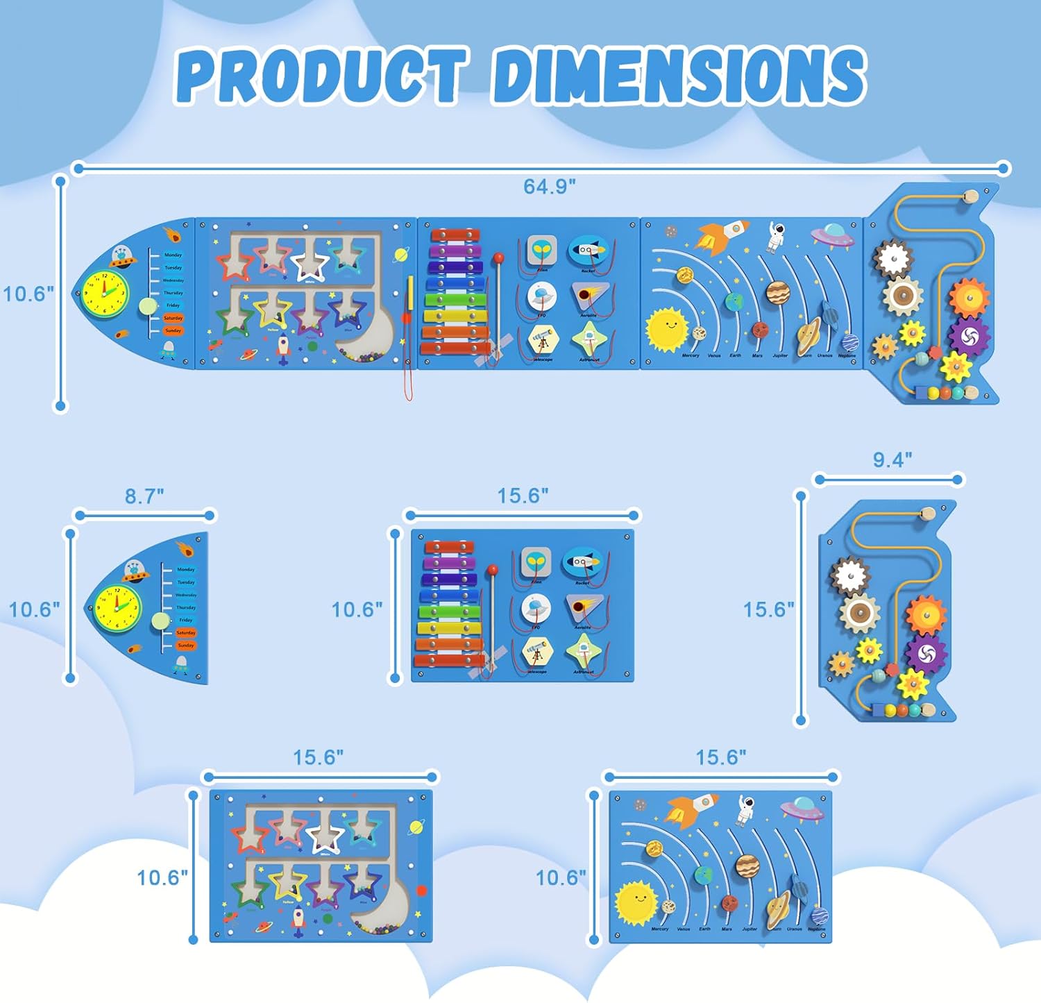 Rocket Activity Wall Busy Board Panels - Sensory Wall Panel for Kids, Montessori Toddler Wall Activity Board, Wall Toys for Toddlers 3, Activity Cube, Wooden Multi-Activity Boards, Blue(5PCS)
