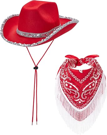Sequins Cowgirl Hats for Women Western Wide Brim Glitter Cowboy Hat and Tassel Bandana 2Pcs Costume Set