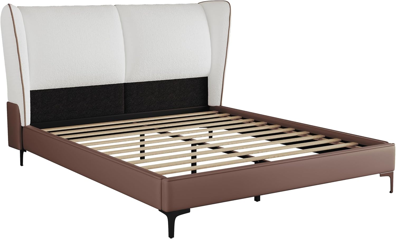 Merax Queen Size Teddy Fleece Thick Fabric Upholstered Platform Bed,Cloud Bed Frame with Wingback Headboard,Bed Frame with Piping,PU Upholstered Bed Frame,No Box Spring Needed, Easily Assembly,White