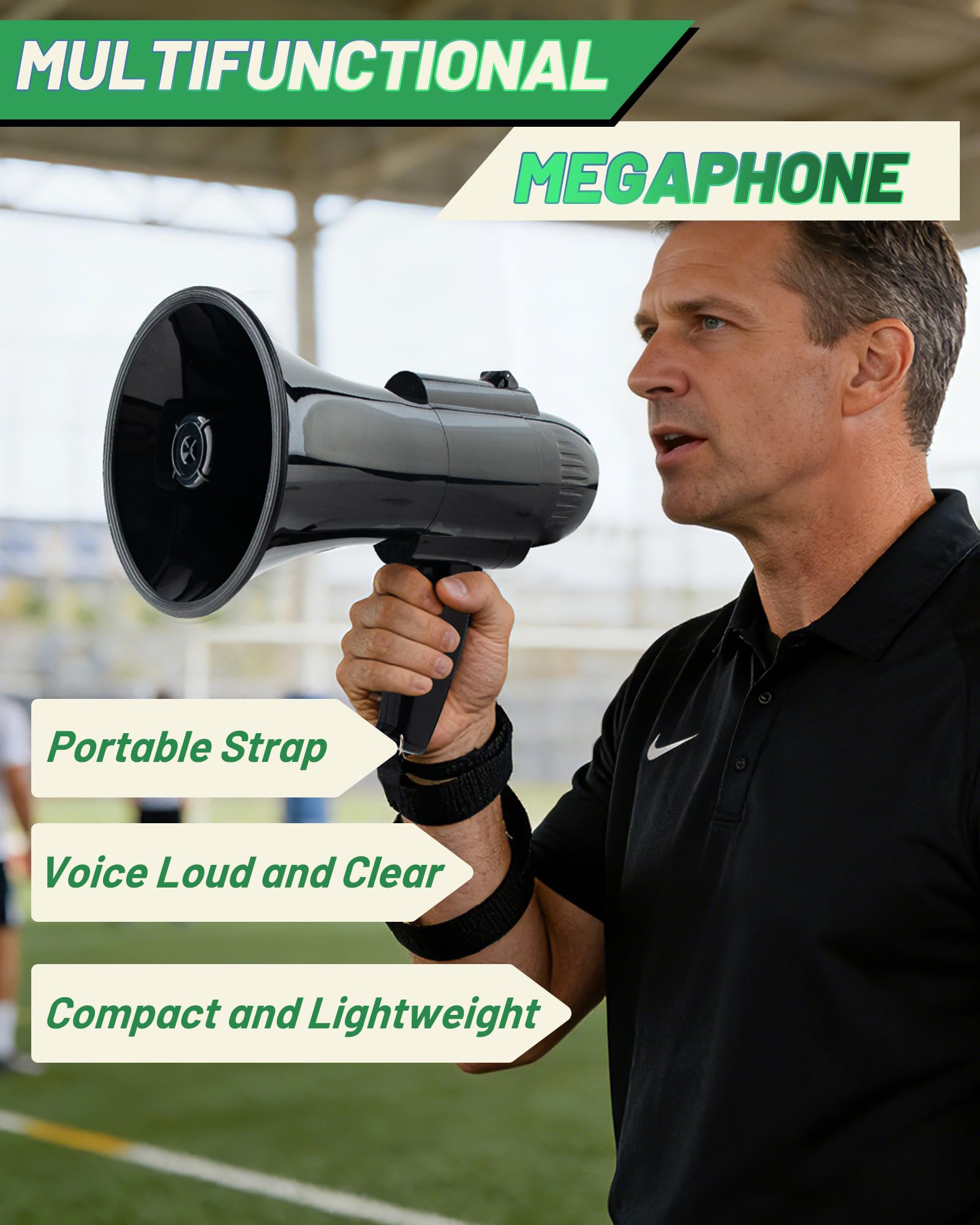 Megaphone Bullhorn Haut-parleur rechargeable Noir 30 W, sirène et enregistrement 240s, mégaphone portable avec sangle et charge de type C (noir)