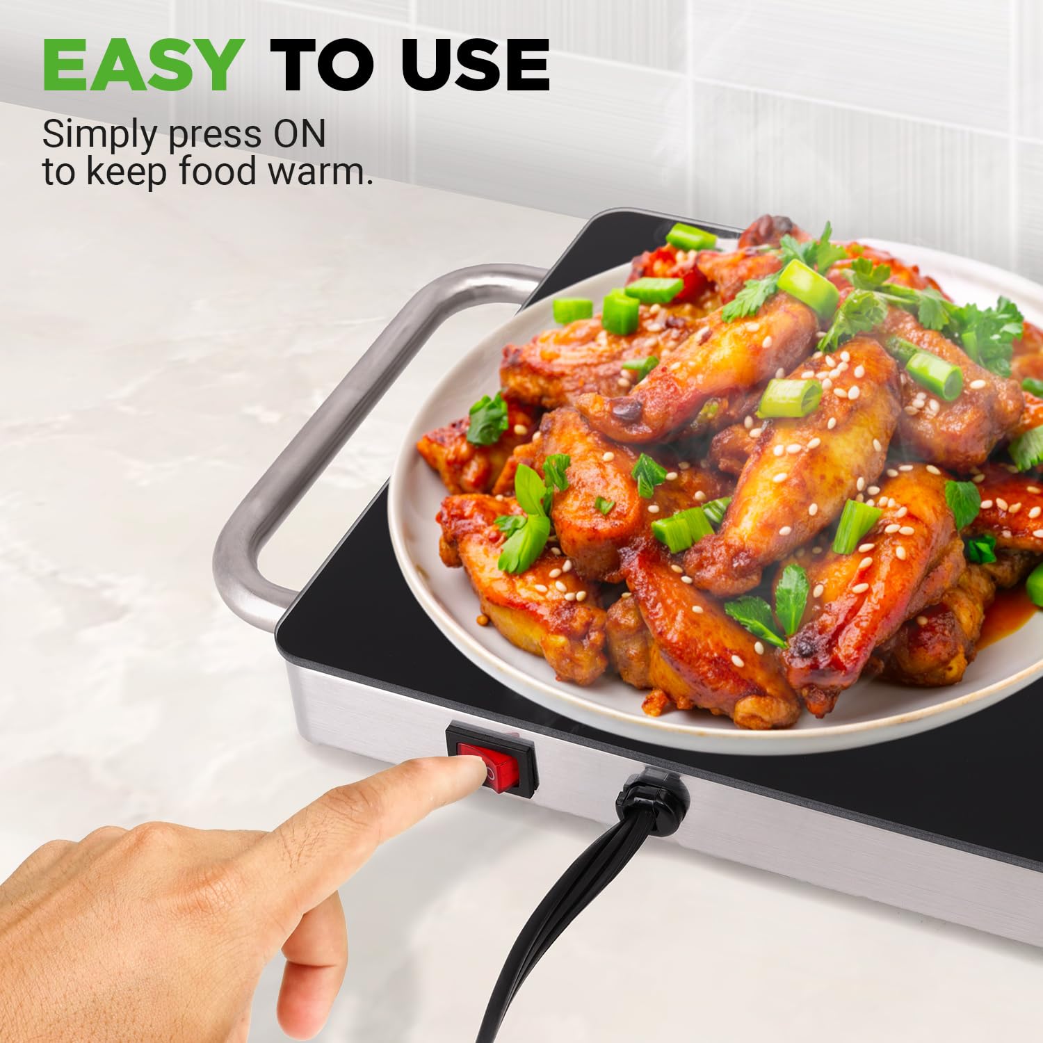 NutriChef Portable Electric Food Hot Plate-Stainless Steel Warming Tray&Dish Warmer with Black Glass Top-Keep Food Warm for Buffets,Restaurants,Parties&Home Dinners-22' x 6'-Heats up to 203°F, view 3