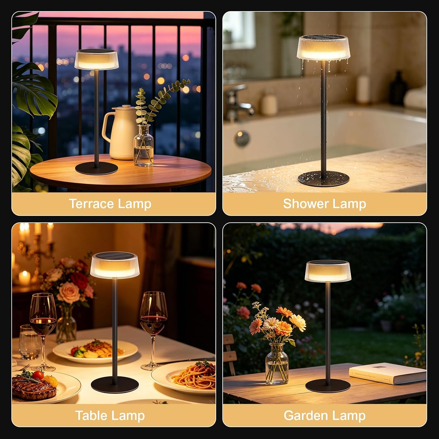 Solar Table Lamps Outdoor 2 Pack, Patio Solar Table Lights IP65 Waterproof | Cordless Rechargeable Battery Operated LED Desk Lamp, Touch Control Dimmable 3 Color, Outside/Garden/Shower/Bathroom/Indoor