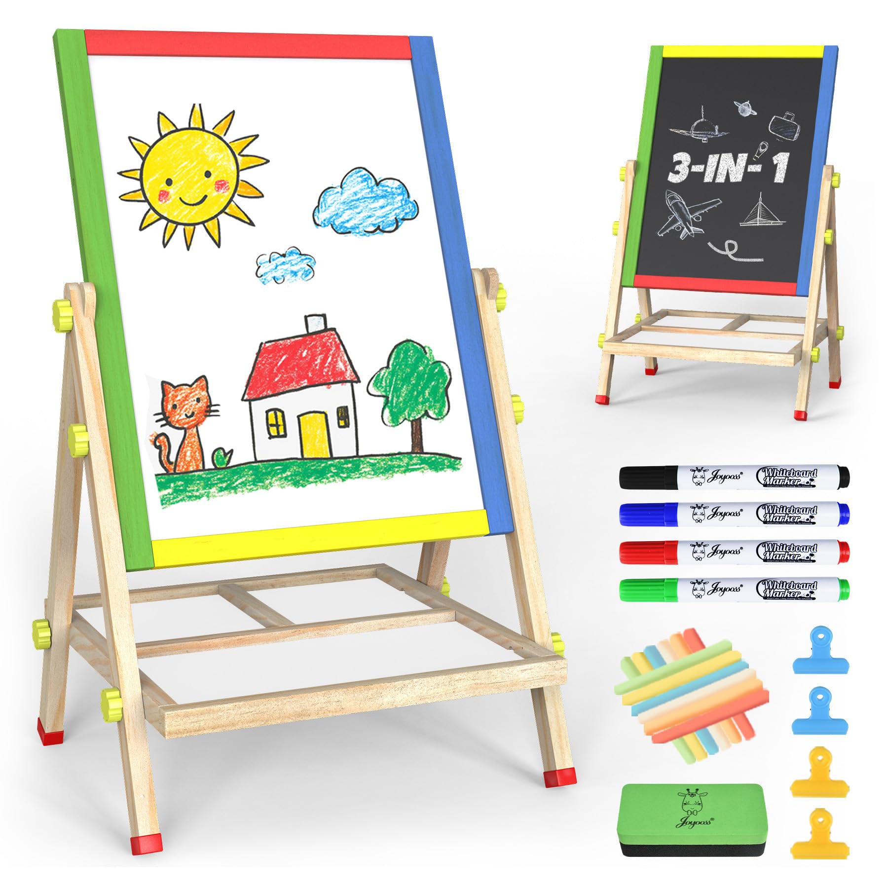JOYOOSS Easel for Kids Chalkboard,Wooden Blackboard for Kid Toddlers Easel Adjustable Magnetic White Board Chalkboard for Kids Dry Erase Art Easels for Toddler Drawing Board for Kid Ages 4-8 8-12
