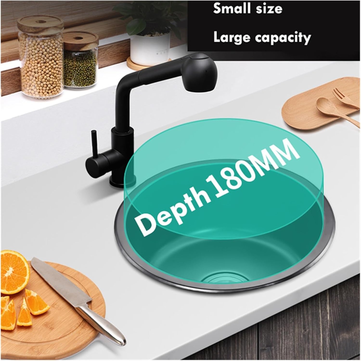 Kitchen Sink Black Nano-Circular Mini Sink Small Single Tank 304 Stainless Steel Bar Bathroom Understage Basin Home Accessories(36cm)