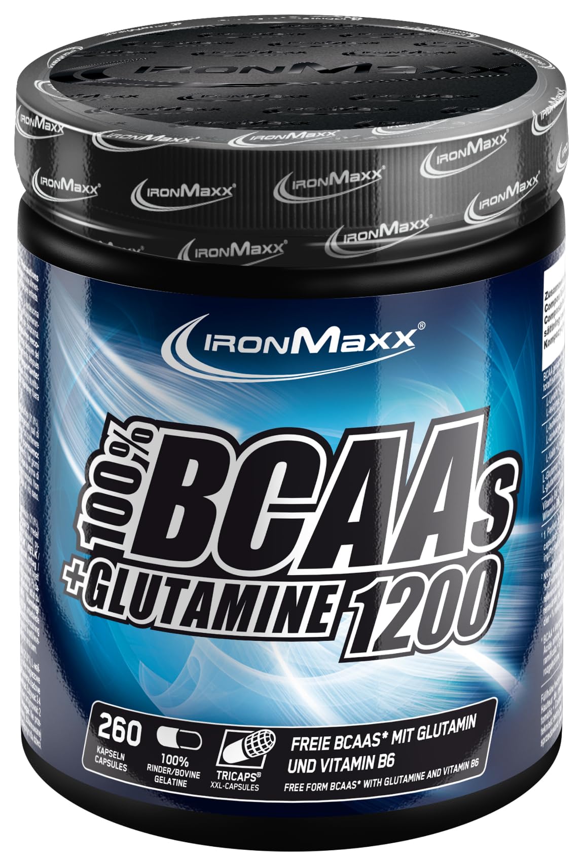 IronMaxx BCAA's + Glutamine - 1200 (260 Tricaps) | BCAA-Kapseln, zuckerfrei und frei von Konservierungsstoffen | Hochdosierte Aminosäurekapseln inklusive allen BCAAs und L-Glutamin