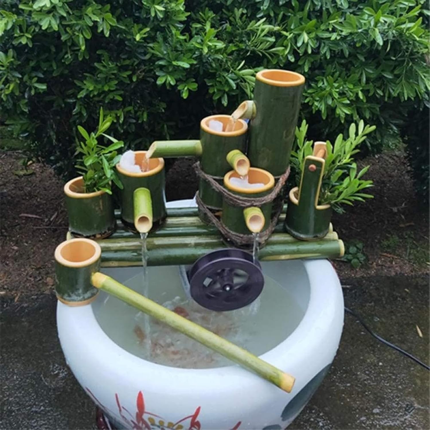 Bamboo Fountain Kit, Outdoor Water Feature Garden Fountain, Waterfall Decoration with Rotating Water Wheel, Feng Shui Zen Fountain, for Pond, Fish Tank, Flower Pot, Patio, 35.4in