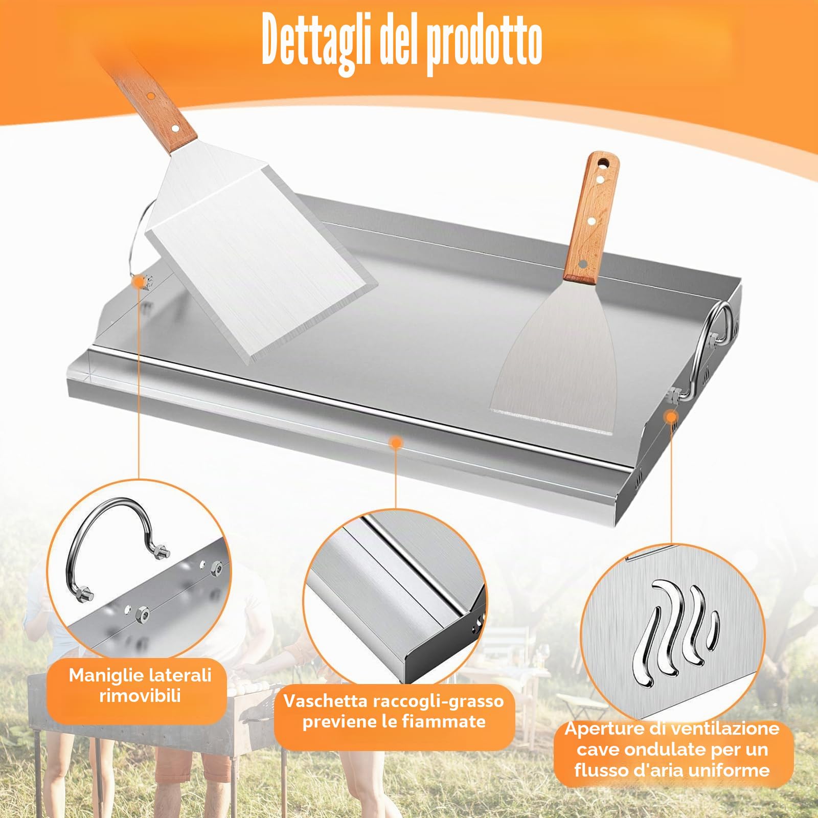 Plancha - Set di piastre per barbecue, 58 x 40 cm, con spatola e raschietto per barbecue, in acciaio inox con protezione antiscottatura e spatola per grigliare con manico in legno per barbecue a gas