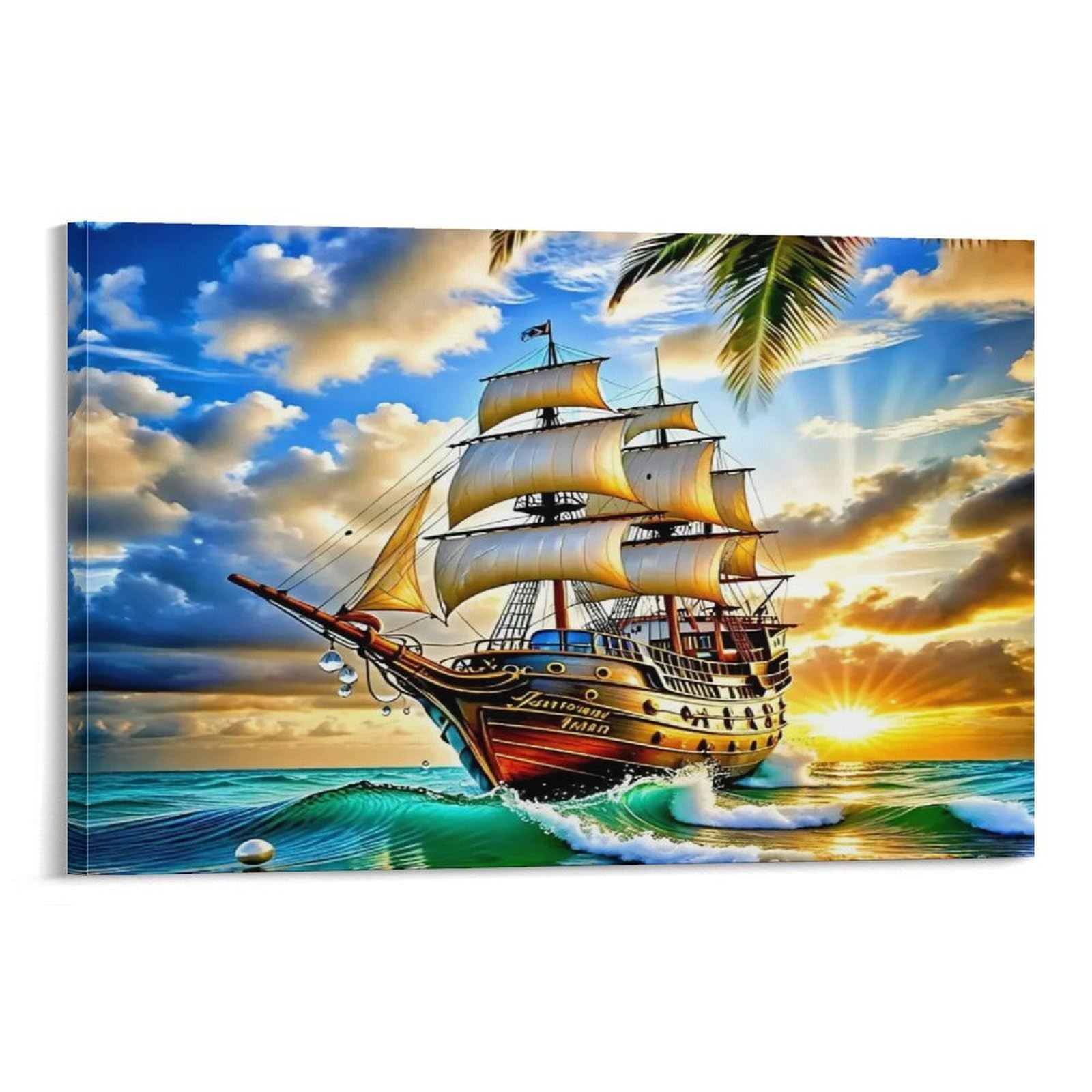 Seashells And Sailboat at Sunset Beach Single Piece Vintage Sailing Ship Sailing at Sunny Sunset Canvas Art - Kitchen Canvas Wall Decor Removable Multi-Purpose Ready to Hang 20x30inch(50x75cm)